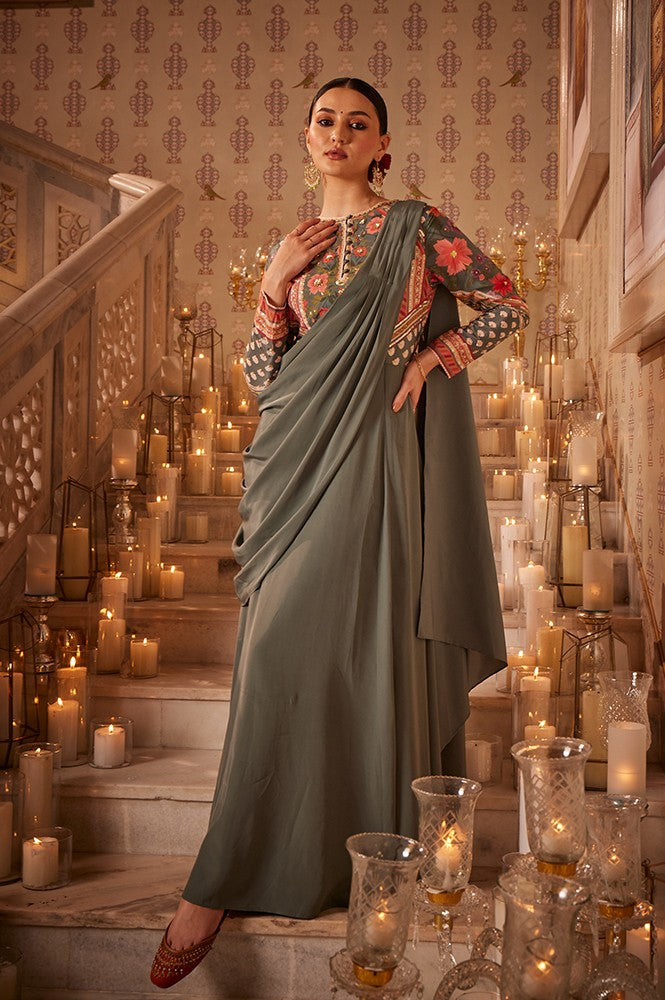 Green Predrape Saree Dress With Multi-Coloured Embellishement