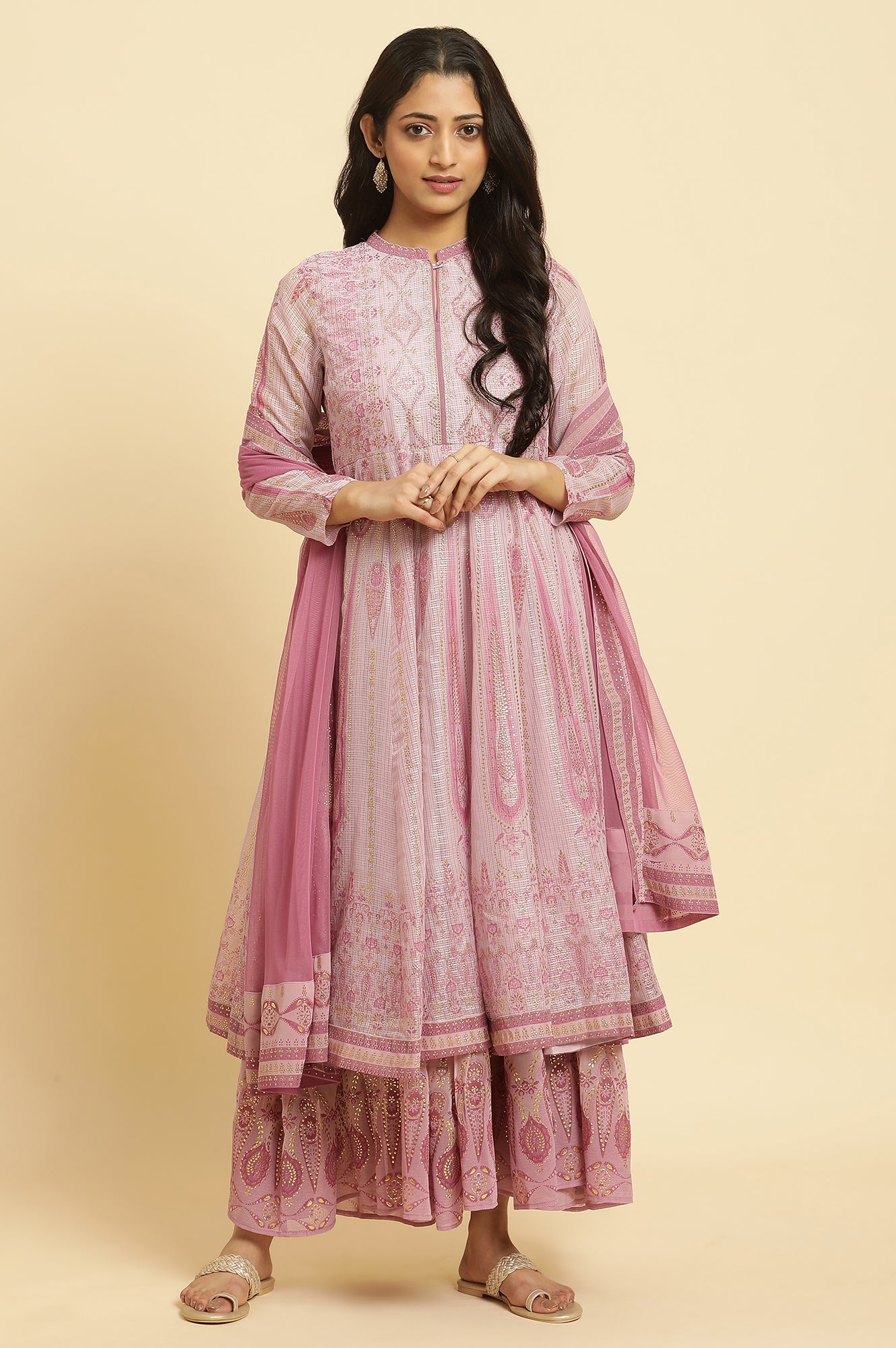 Soft Pink Panelled Layered Gown And Dupatta Set