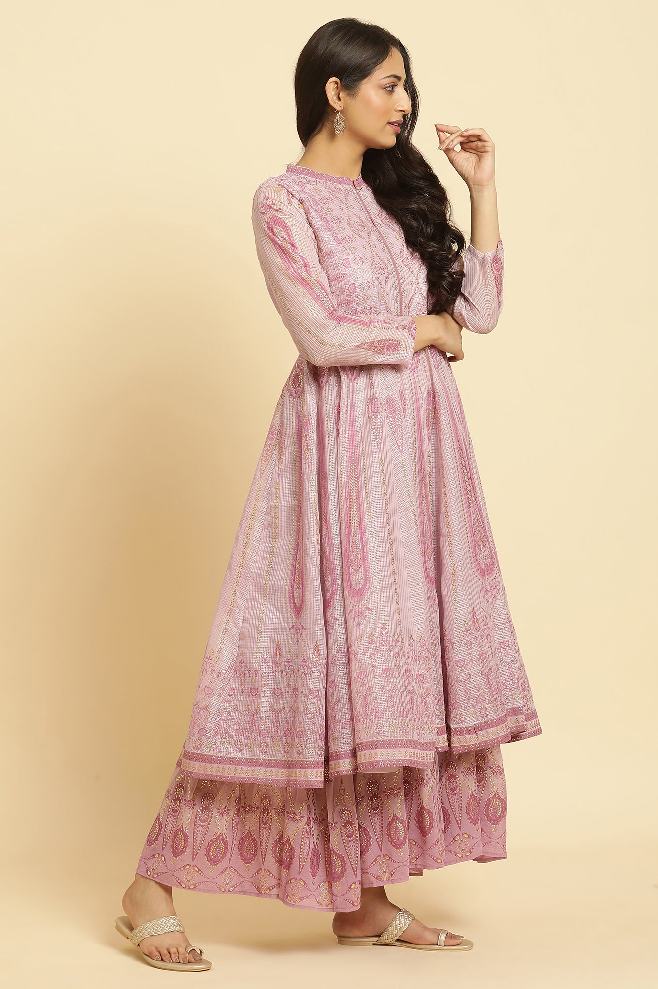 Soft Pink Panelled Layered Gown And Dupatta Set