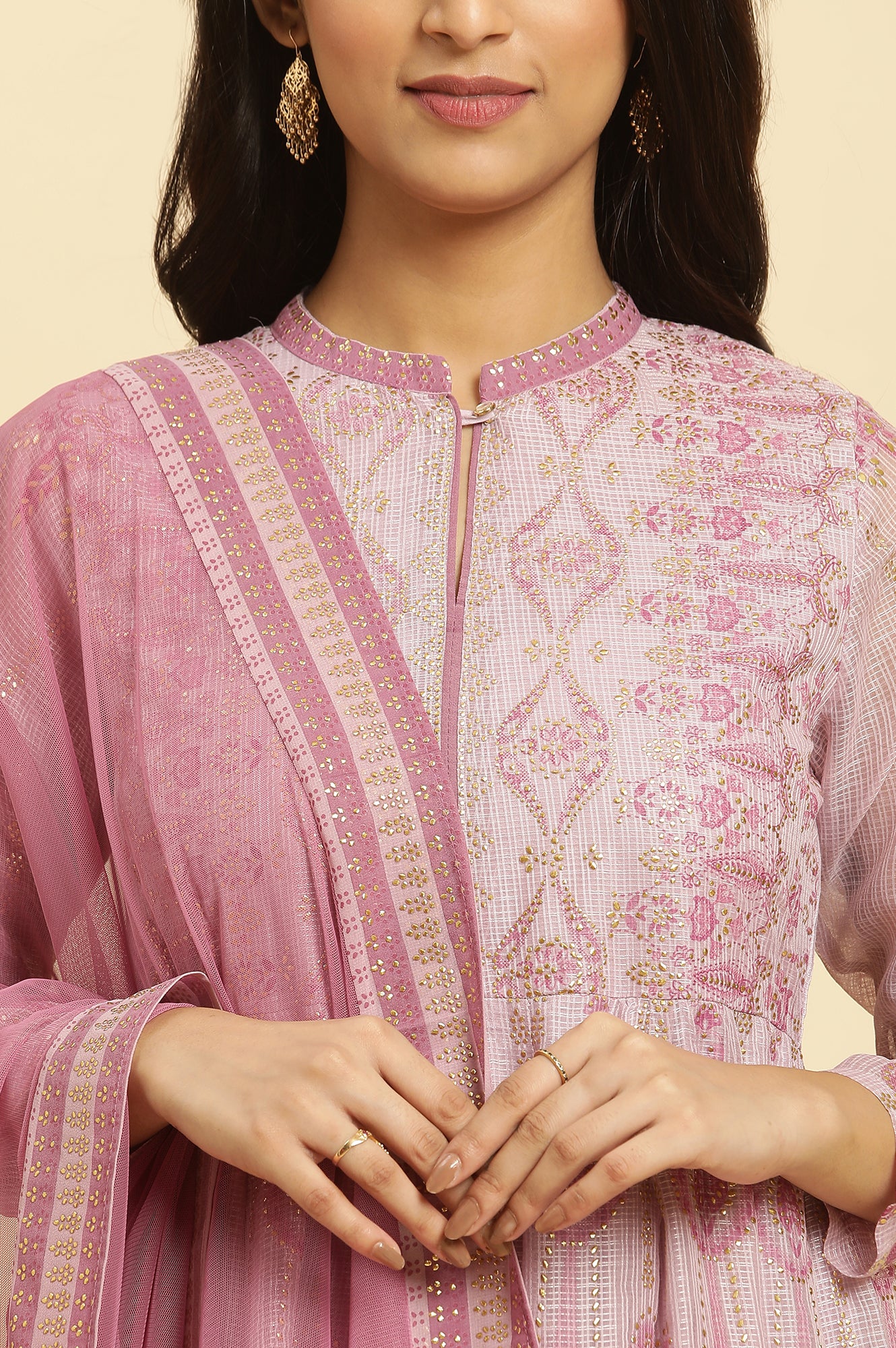 Soft Pink Panelled Layered Gown And Dupatta Set