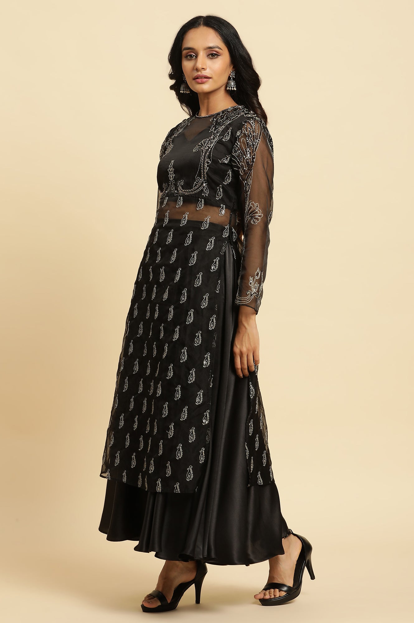 Black Zari Embroidered Sheer Straight Kurta and Skirt Set