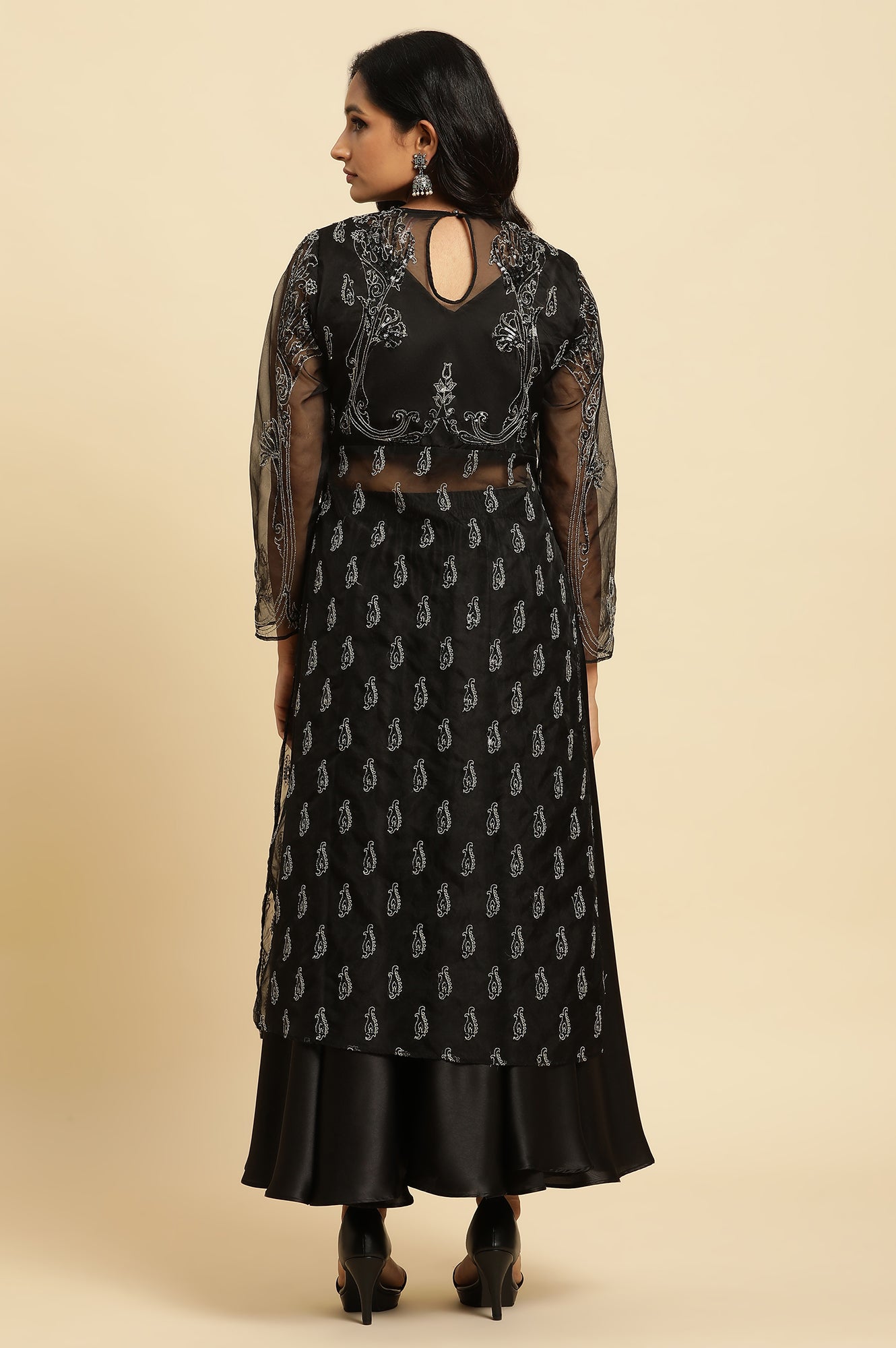Black Zari Embroidered Sheer Straight Kurta and Skirt Set