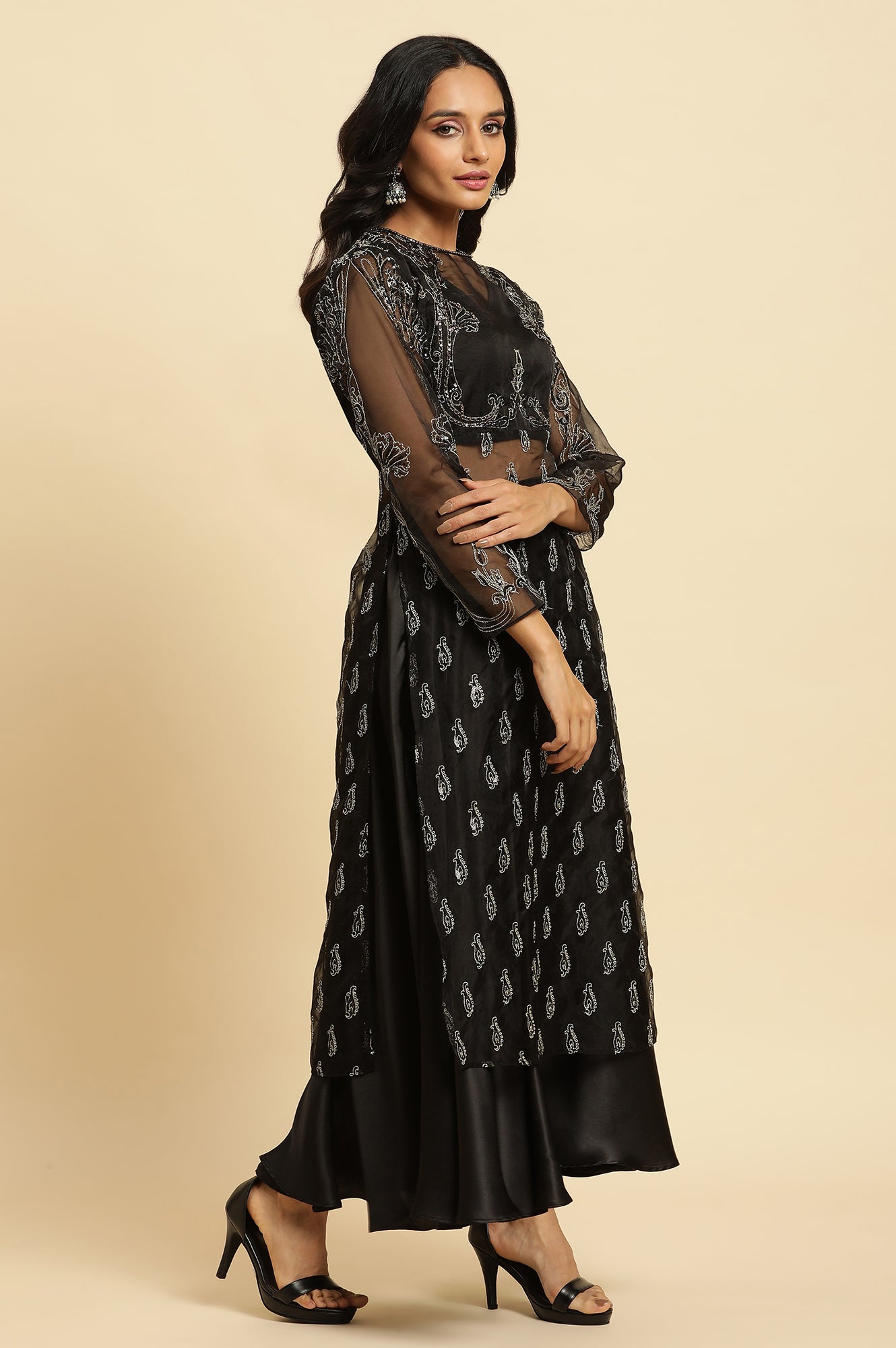 Black Zari Embroidered Sheer Straight Kurta and Skirt Set