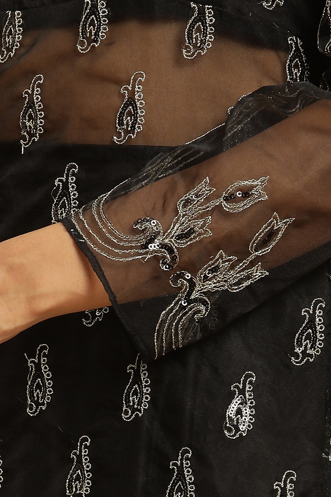 Black Zari Embroidered Sheer Straight Kurta and Skirt Set