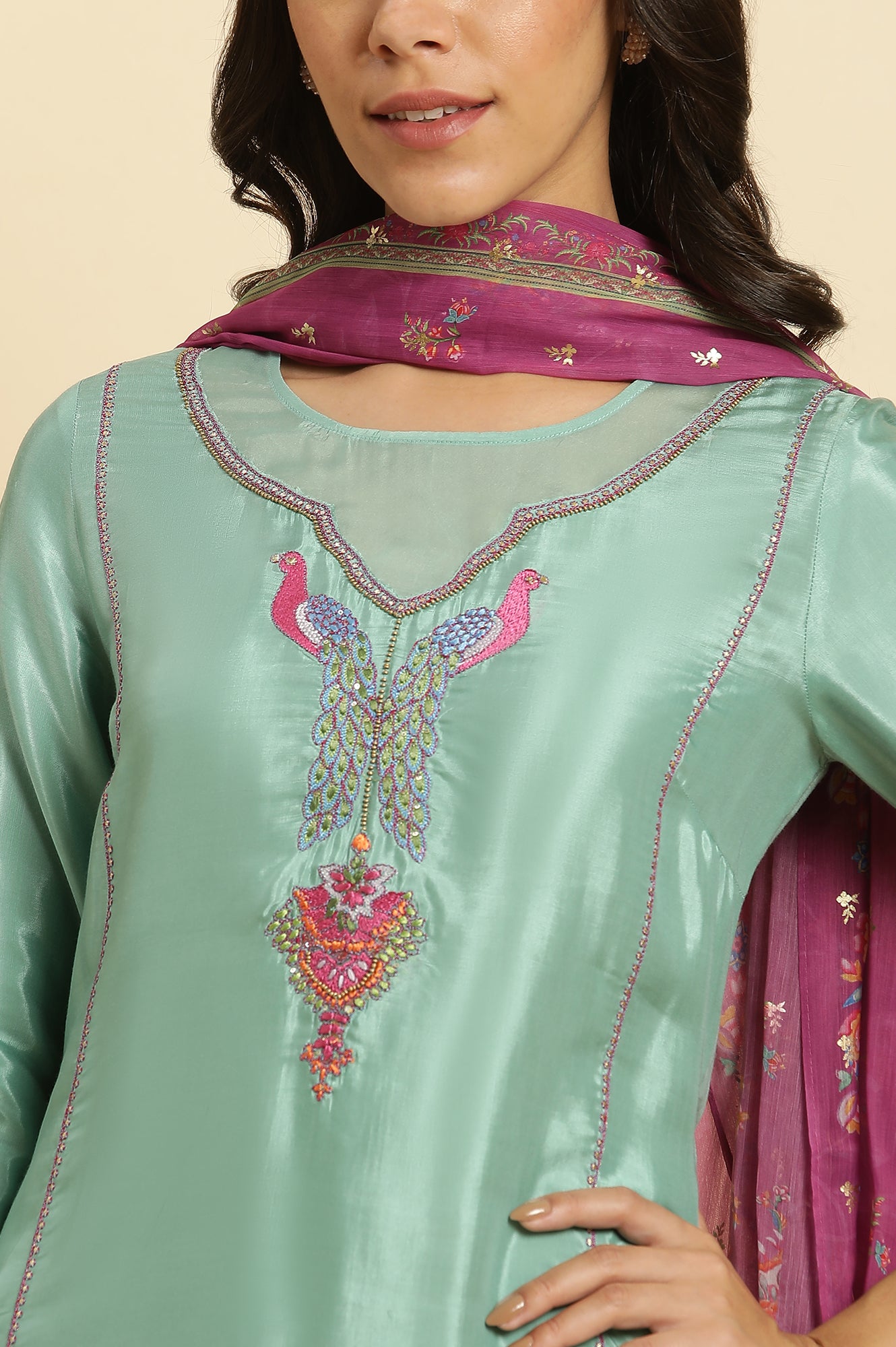 Seas Green Embroidered Kurta, Pants & Dupatta Set