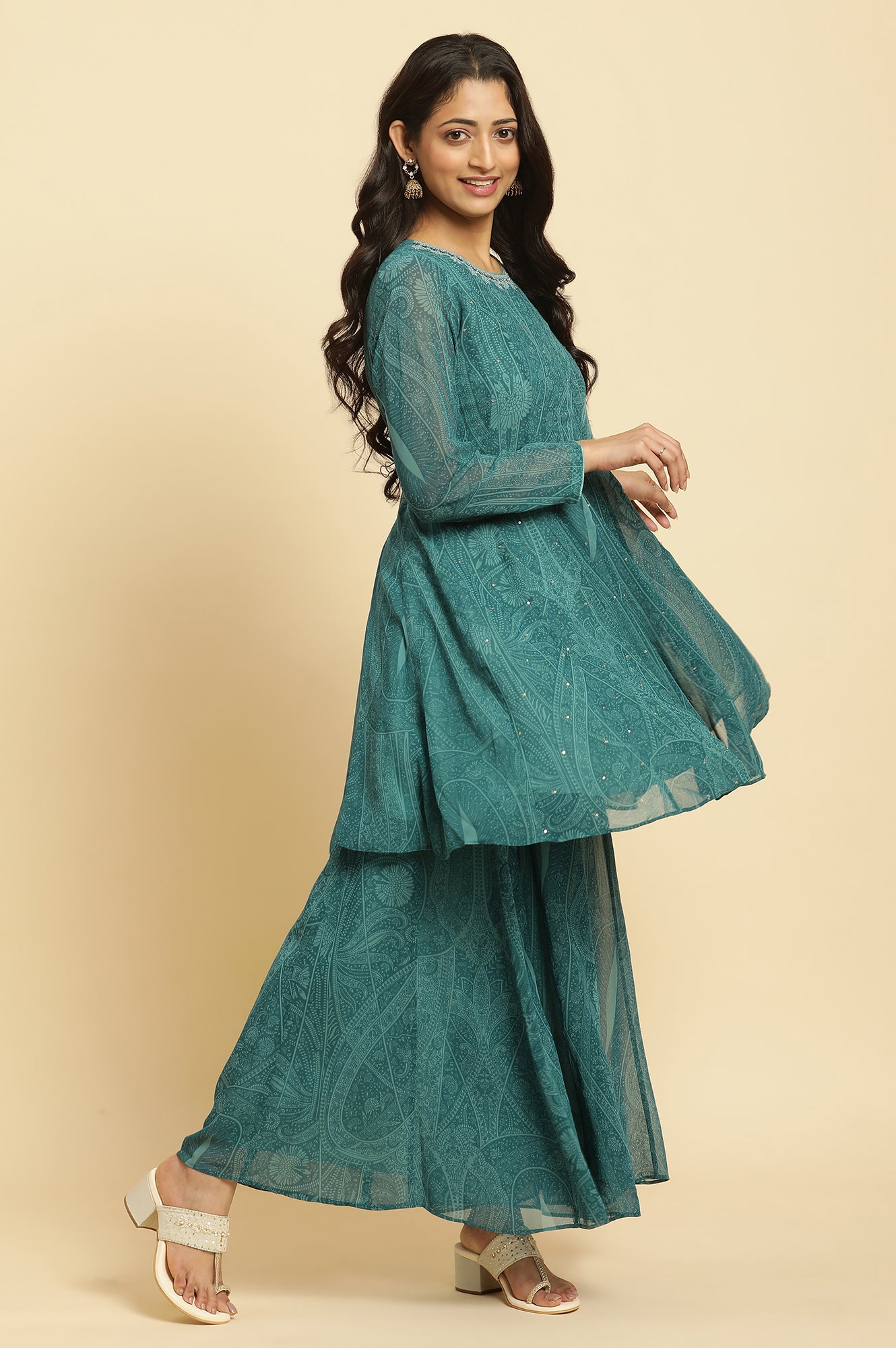Green Print-On-Printed Embellished Flared Kurta, Sharara And Dupatta Set
