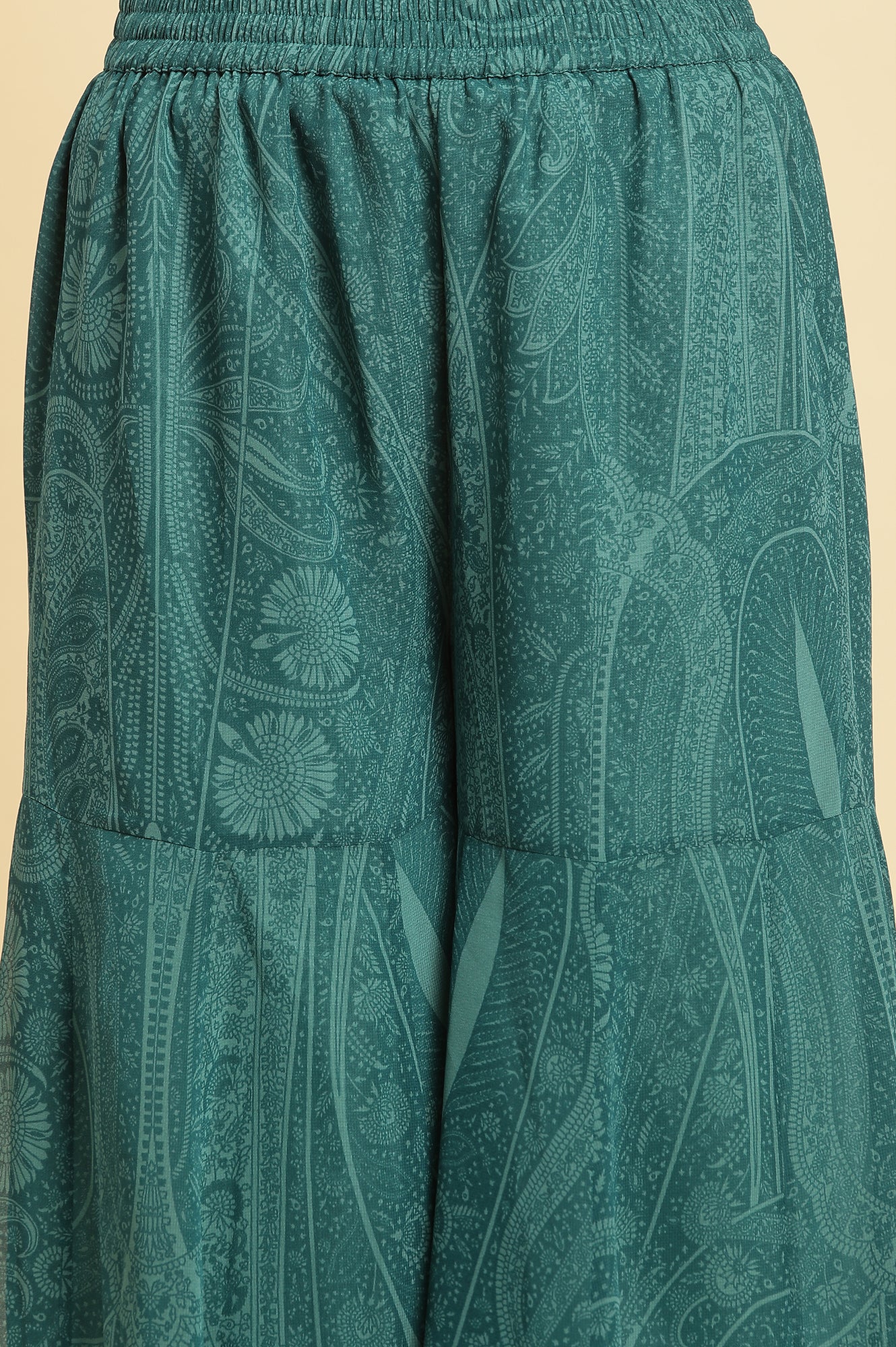 Green Print-On-Printed Embellished Flared Kurta, Sharara And Dupatta Set