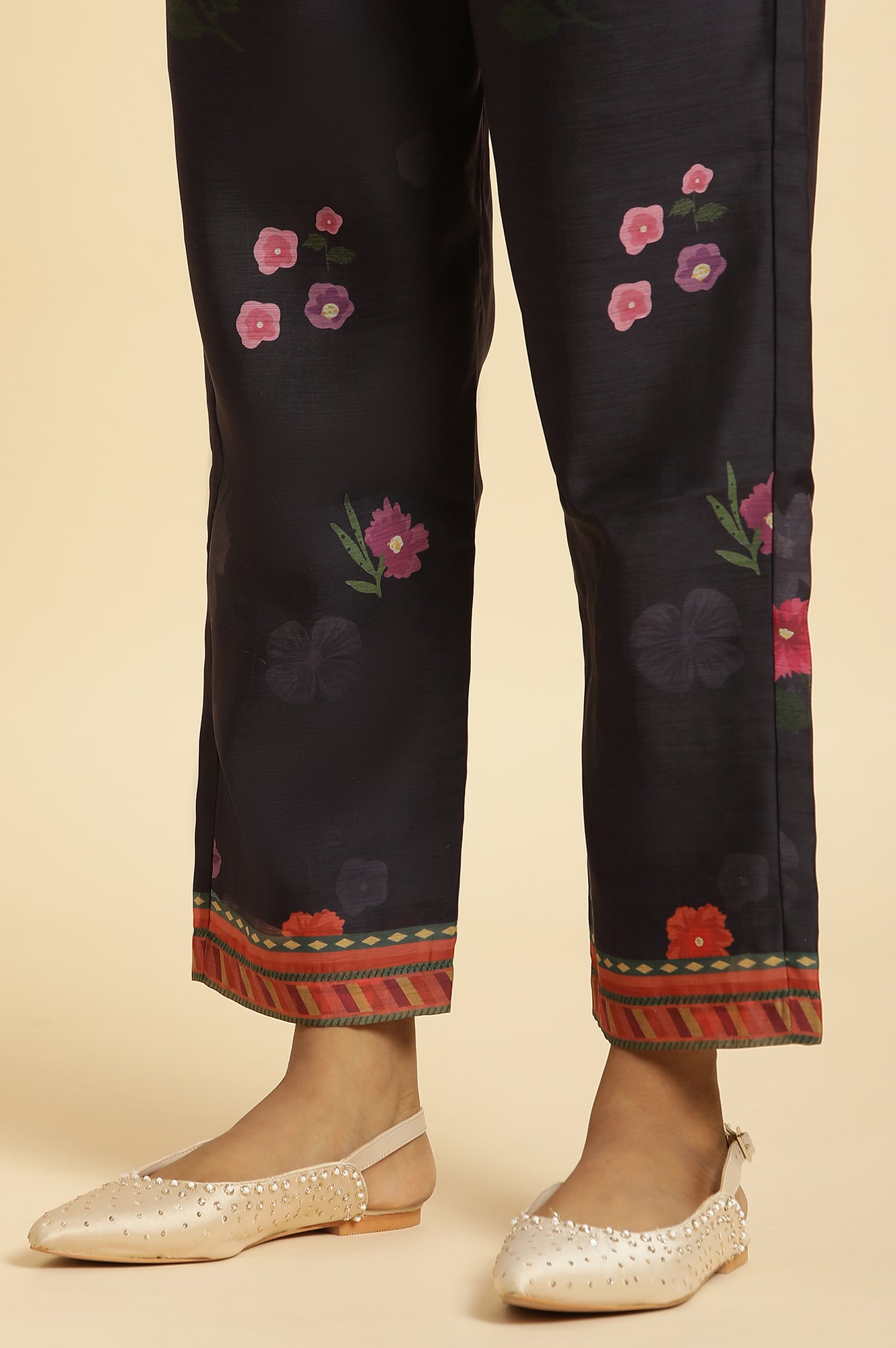 Navy Blue Chanderi Floral Printed Kurta, Pants and Organza Dupatta Set
