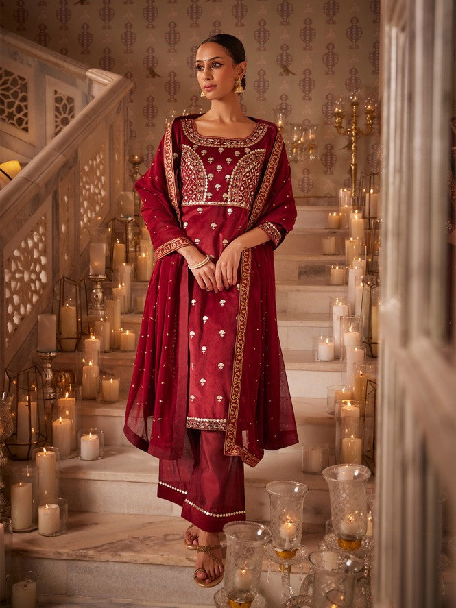 Maroon Mircro Velvet Embellished Kurta, Pants And Dupatta Set
