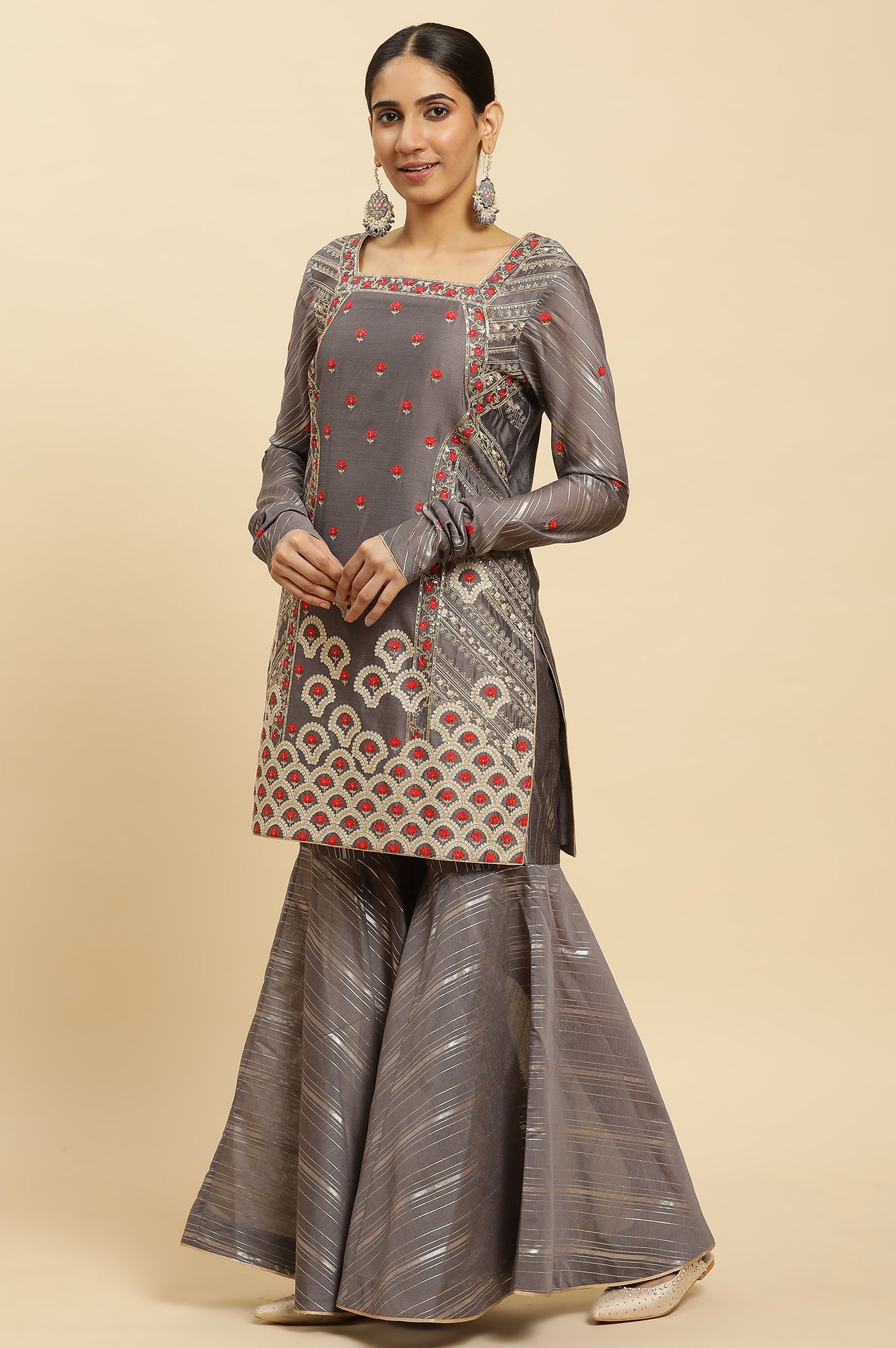 Light Grey Embroidered Heavy Festive Kurta And Sharara And Dupatta Set