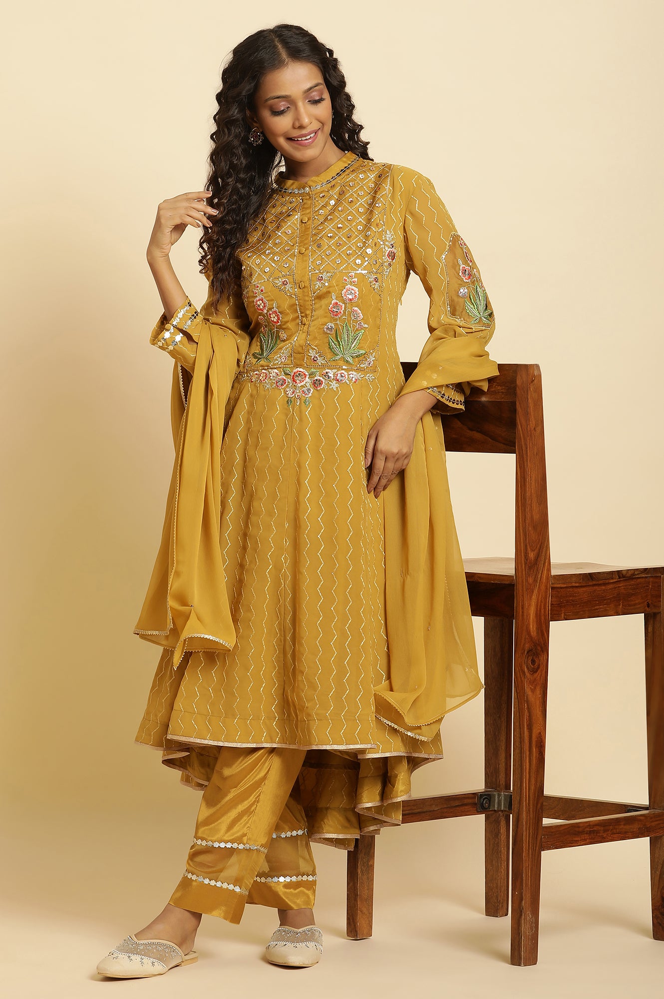 Yellow Embroidered Kurta, Pants And Dupatta Set