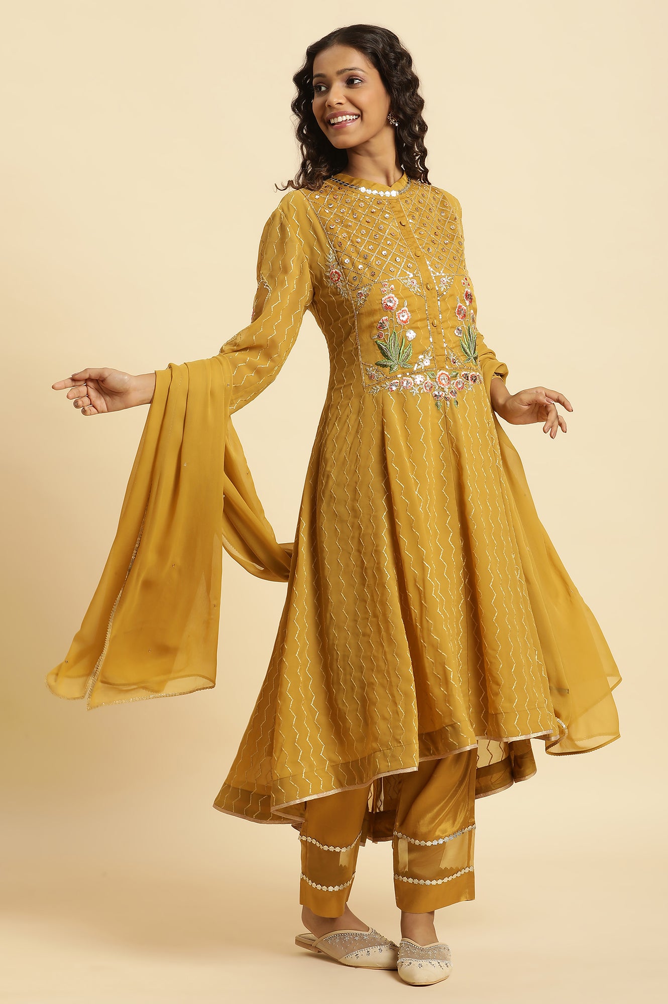 Yellow Embroidered Kurta, Pants And Dupatta Set