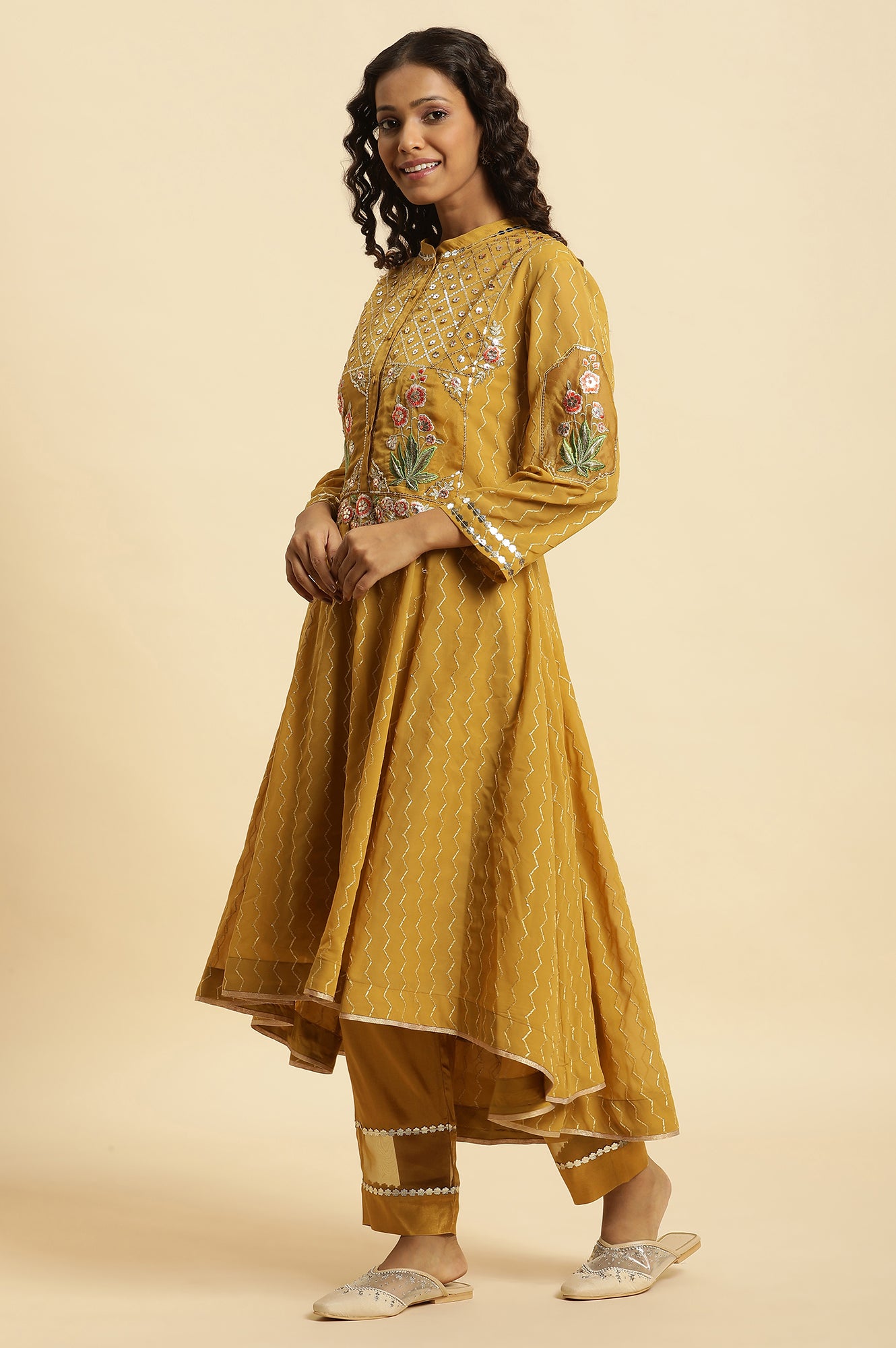Yellow Embroidered Kurta, Pants And Dupatta Set