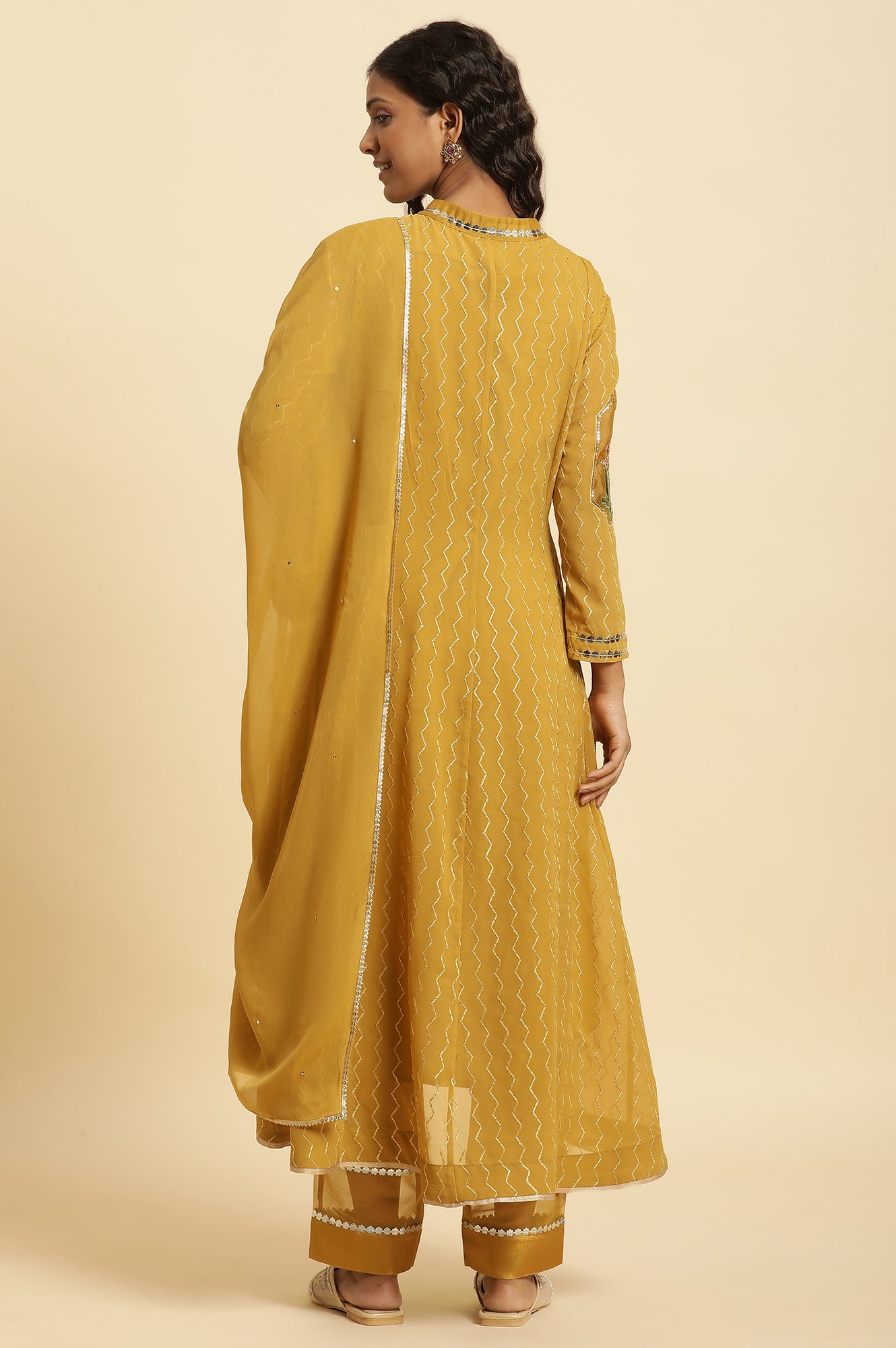 Yellow Embroidered Kurta, Pants And Dupatta Set
