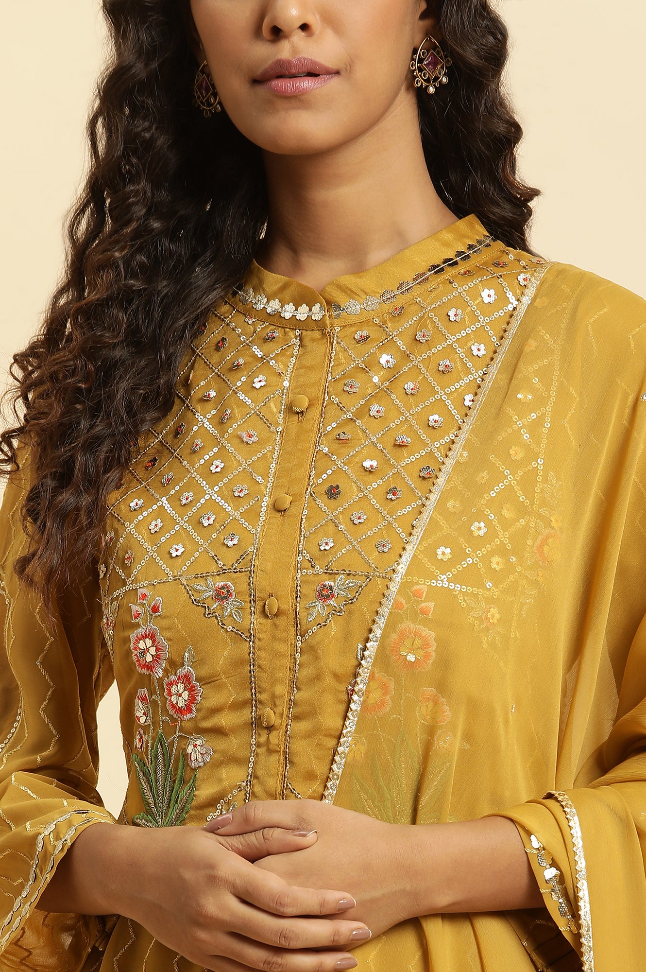 Yellow Embroidered Kurta, Pants And Dupatta Set