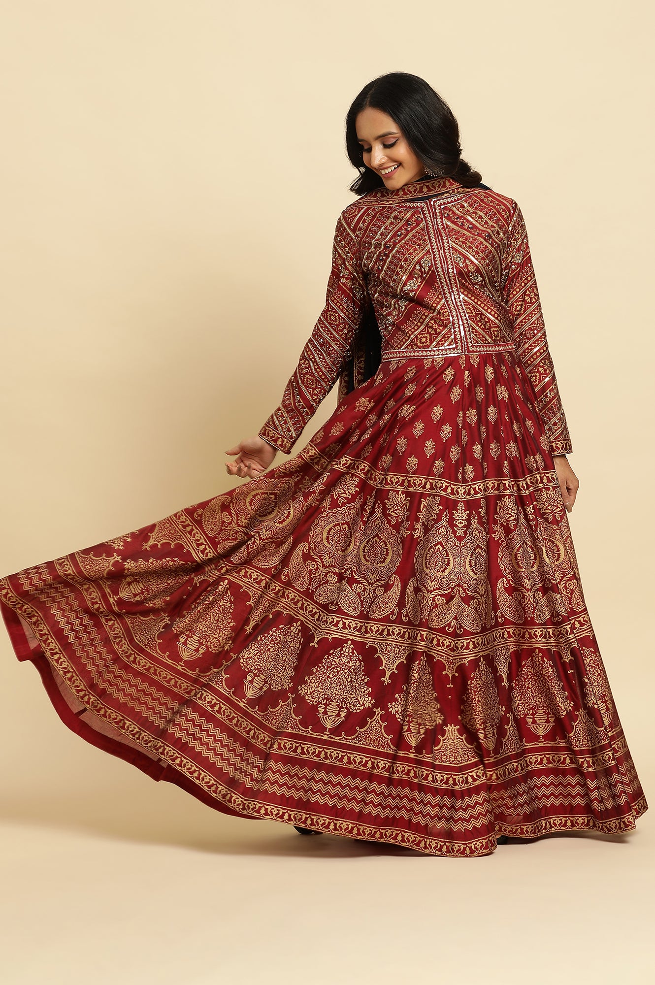 Maroon Printed Chanderi Anarkali Dress and Dupatta Set