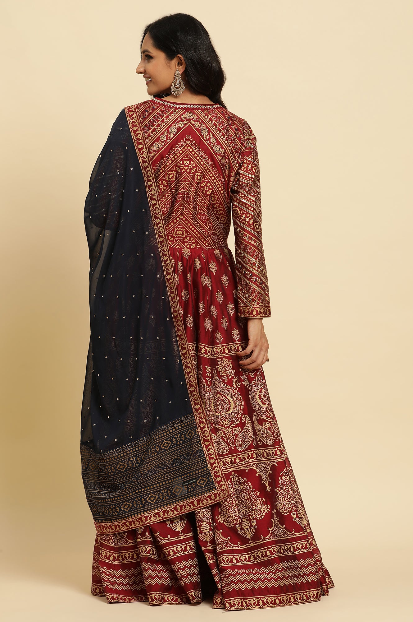 Maroon Printed Chanderi Anarkali Dress and Dupatta Set