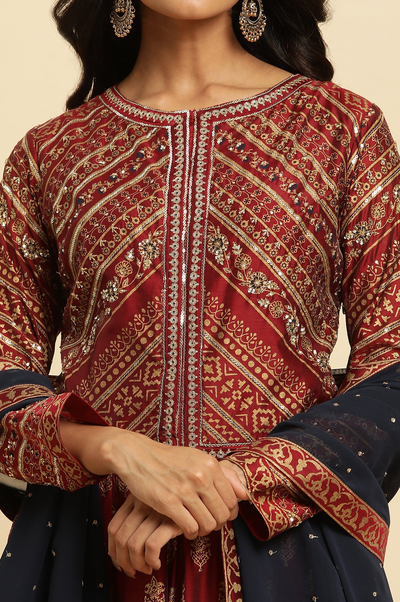 Maroon Printed Chanderi Anarkali Dress and Dupatta Set