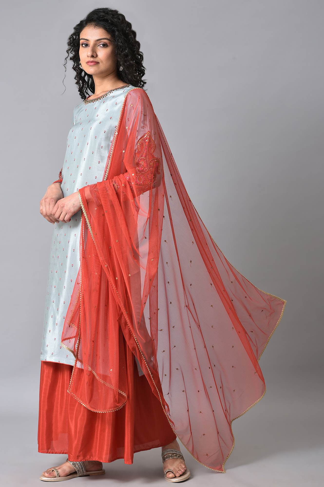 Blue & Orange Embroidered kurta Sharara Set