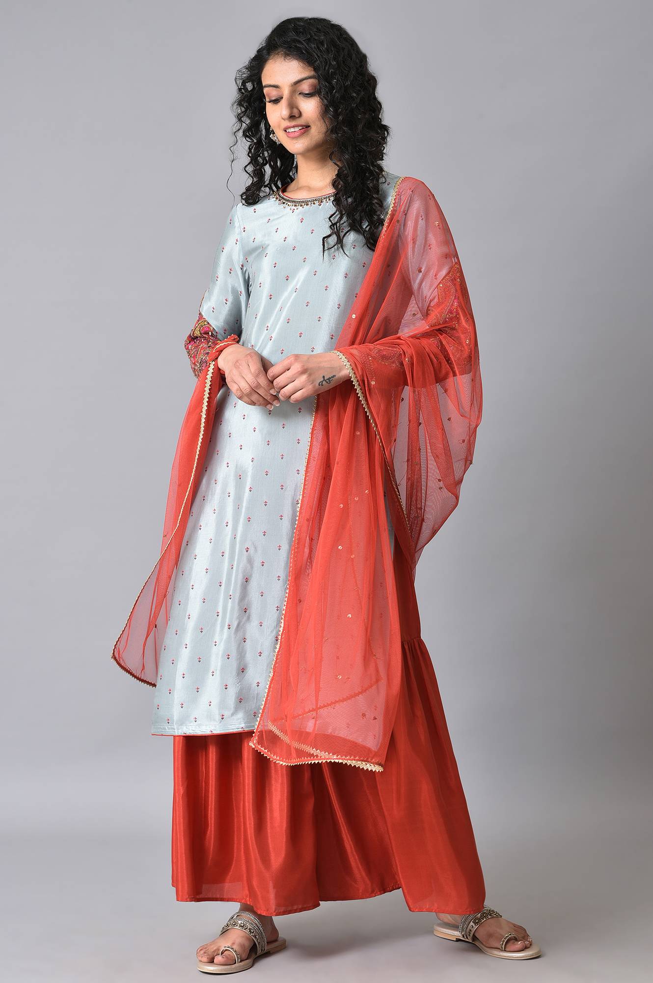 Blue & Orange Embroidered kurta Sharara Set