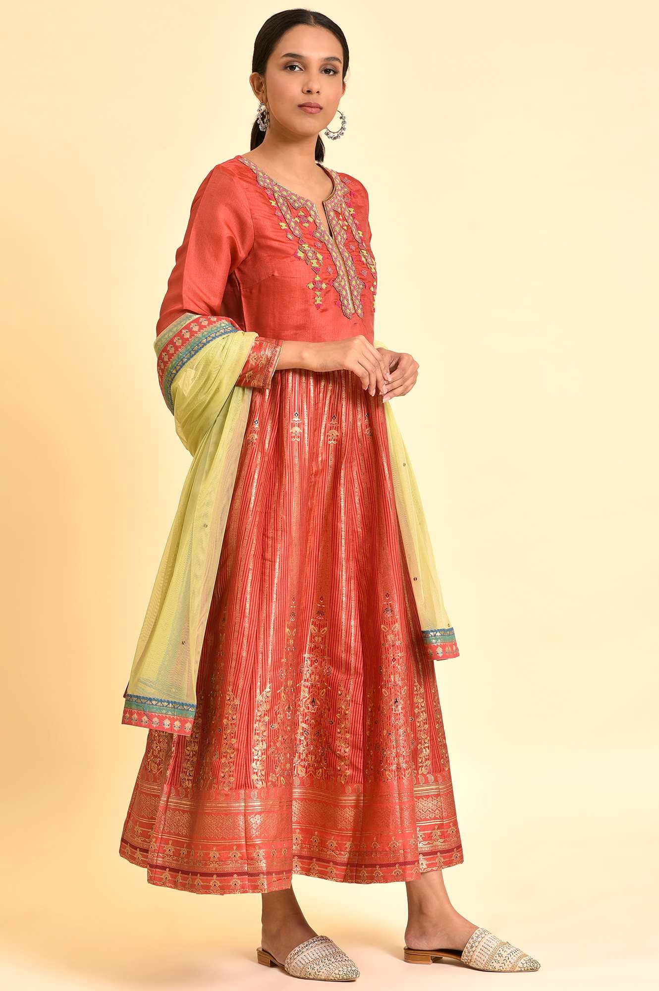 Orange Tamil Silk Embellished Dress & Dupatta Set