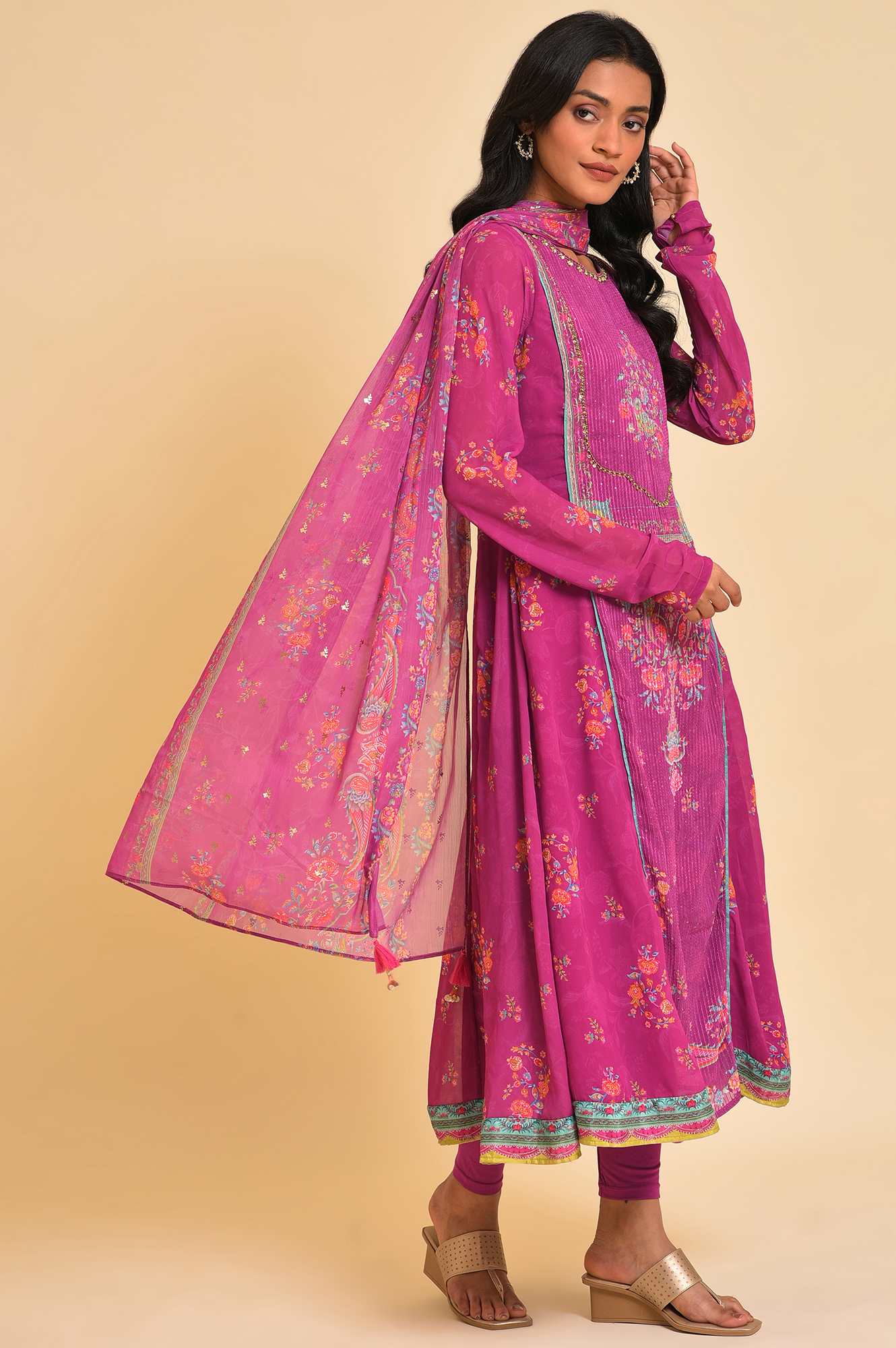 Dark Pink Sequined Anarkali kurta, Tights & Dupatta Set