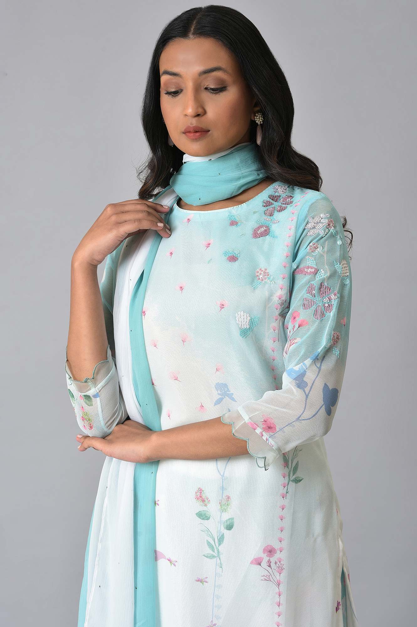 Ecru & Blue Floral Georgette kurta With Parallel Pants And Dupatta