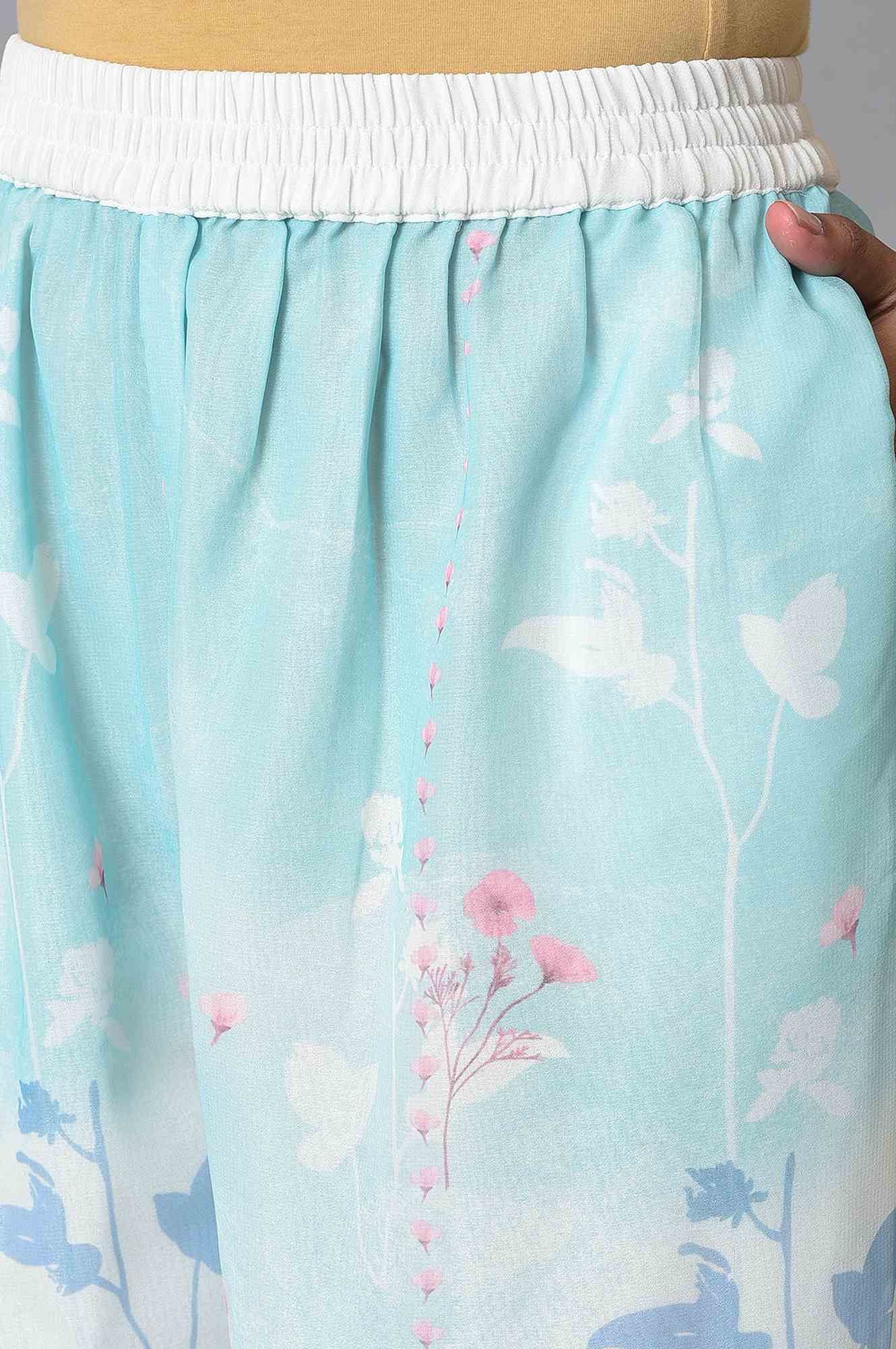 Ecru & Blue Floral Georgette kurta With Parallel Pants And Dupatta