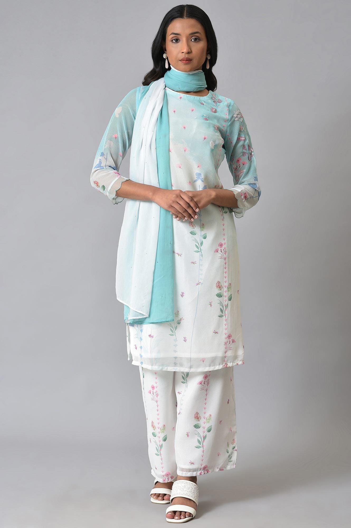 Ecru & Blue Floral Georgette kurta With Parallel Pants And Dupatta