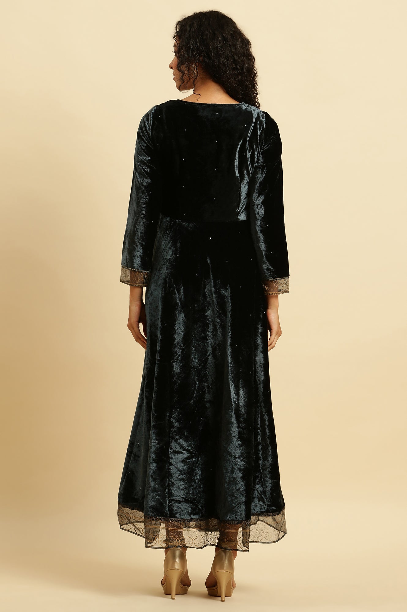 Green Velvet Embroidered Festive Dress