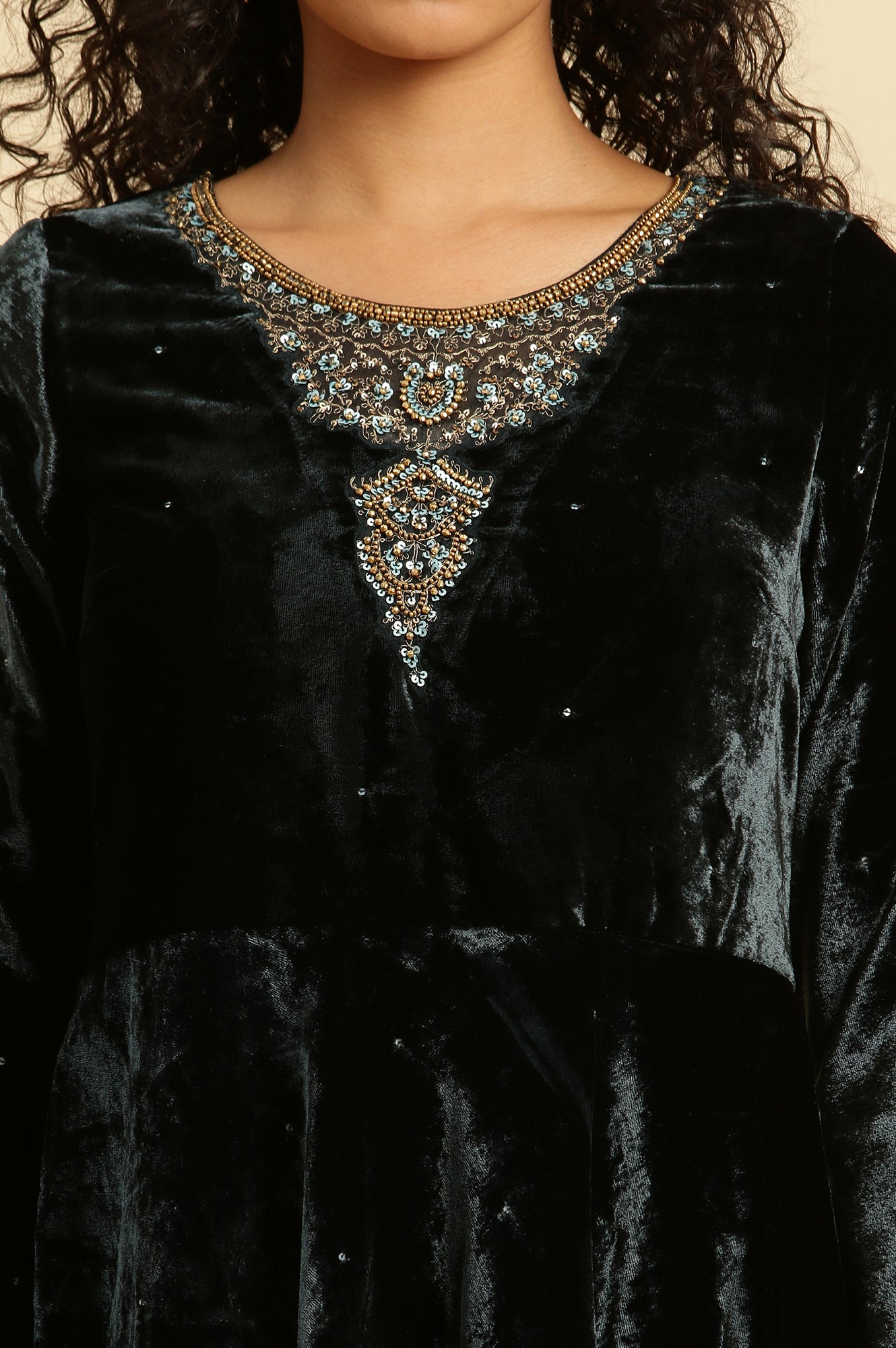 Green Velvet Embroidered Festive Dress