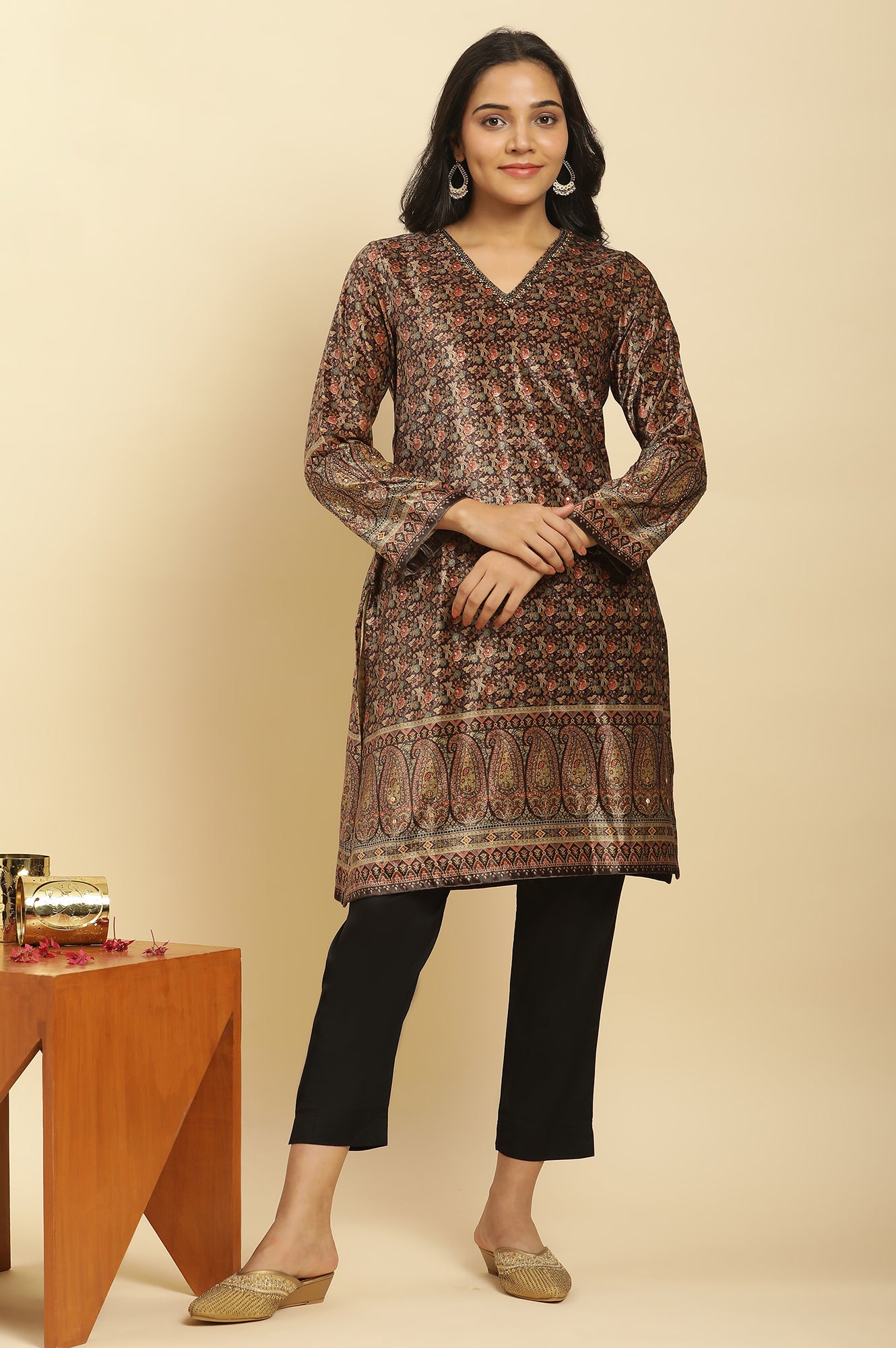 Black Velvet Printed And Embroidered Winter Kurta