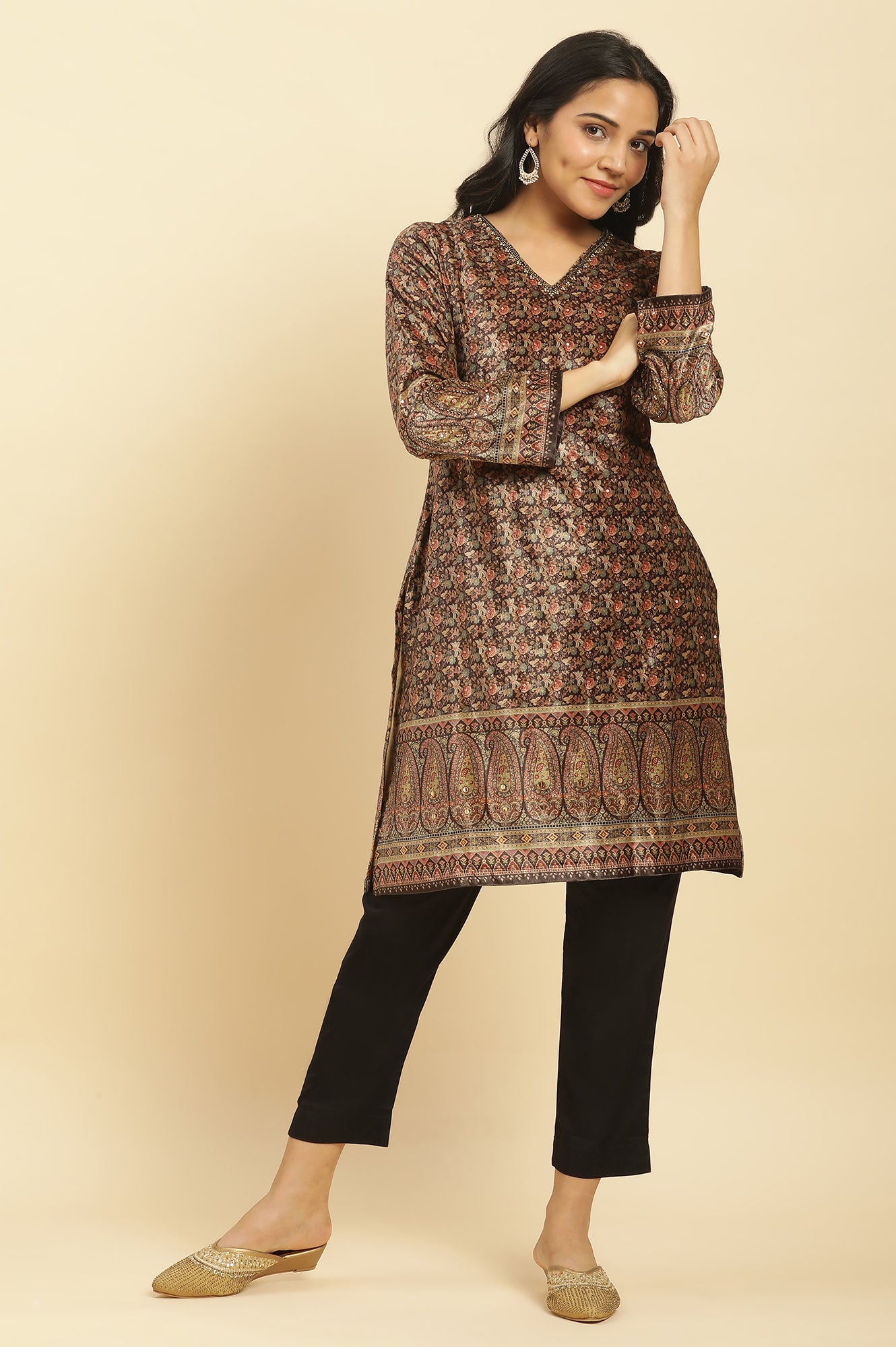 Black Velvet Printed And Embroidered Winter Kurta