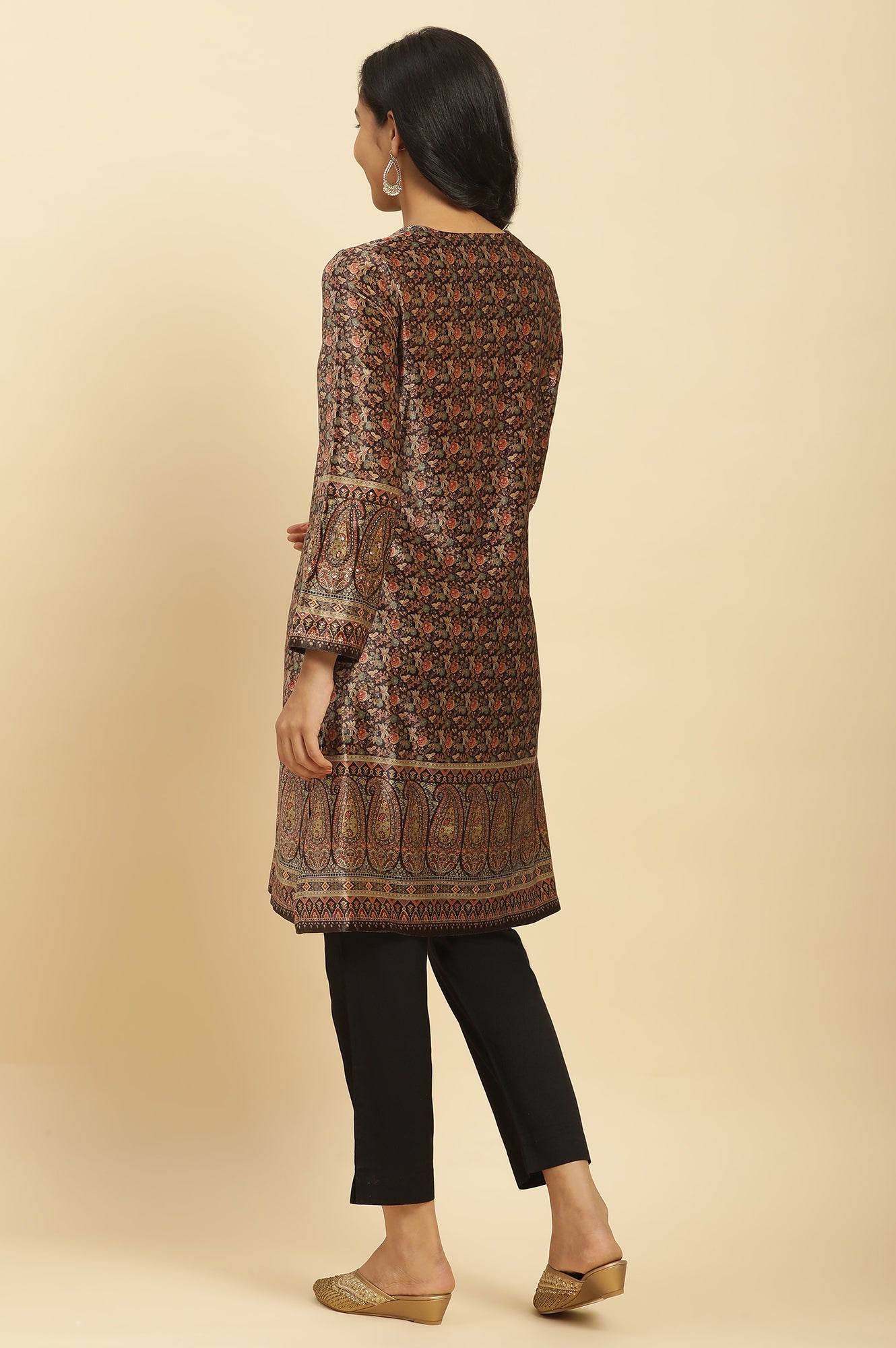 Black Velvet Printed And Embroidered Winter Kurta