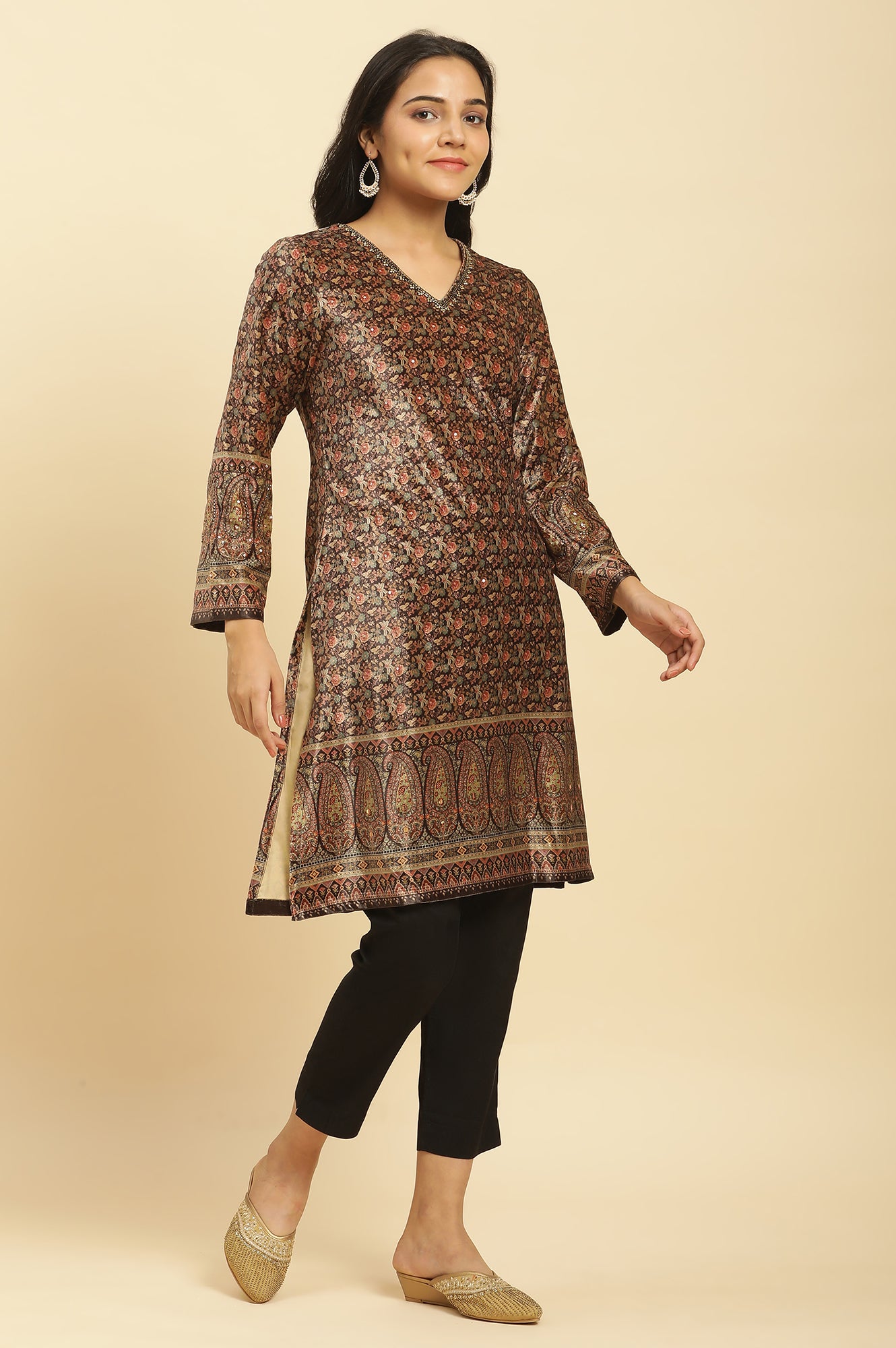 Black Velvet Printed And Embroidered Winter Kurta