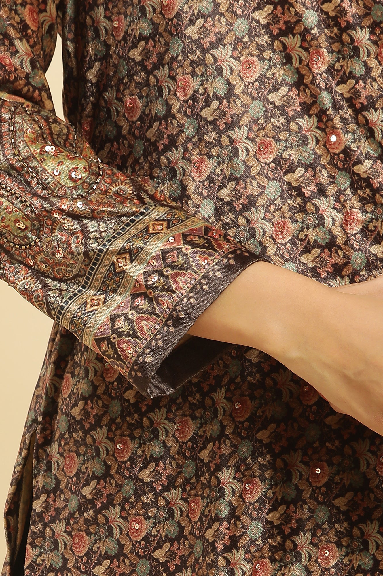 Black Velvet Printed And Embroidered Winter Kurta