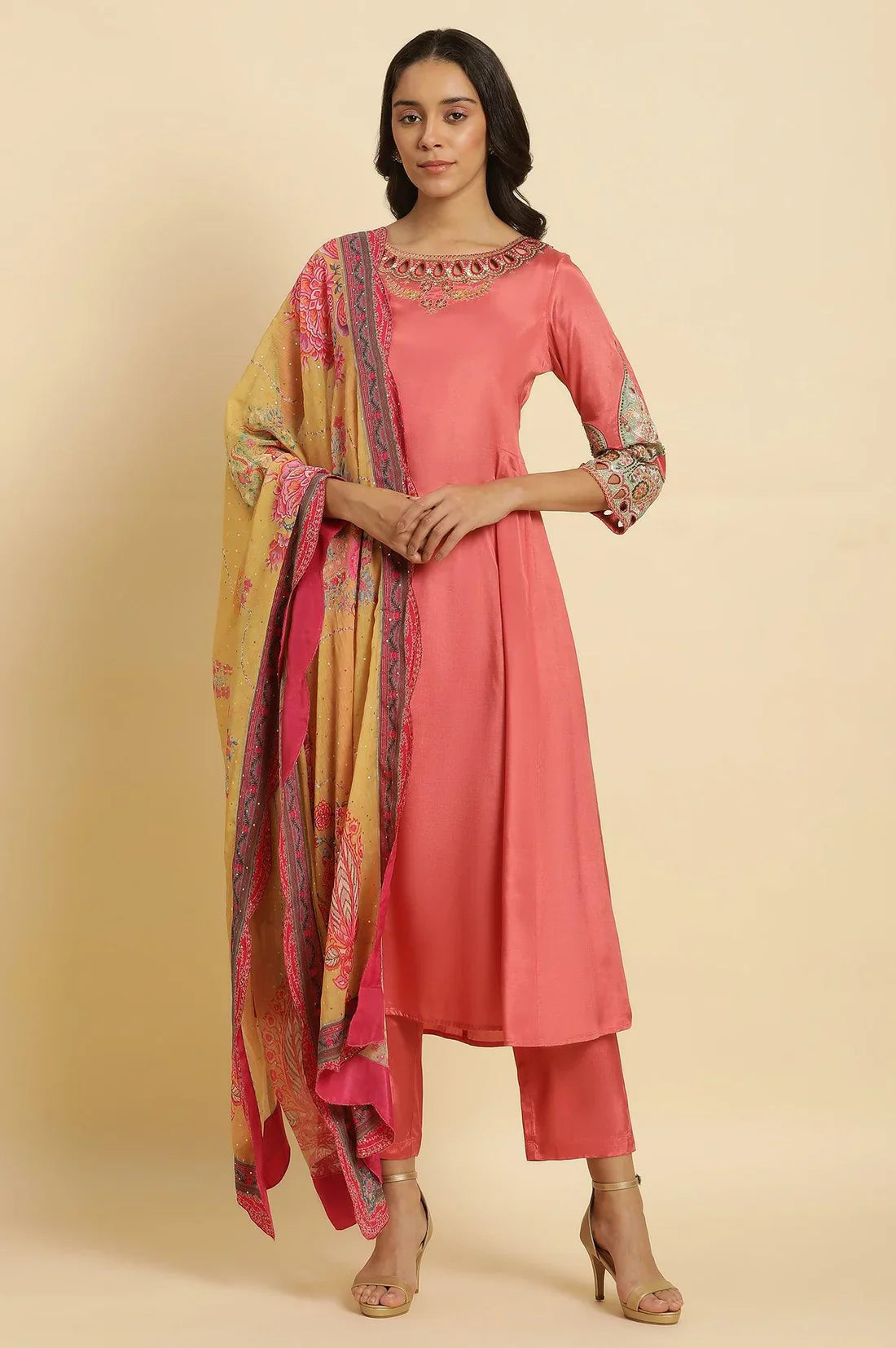 Pink Embroidered Anarkali Kurta, Pants & Printed Dupatta Set