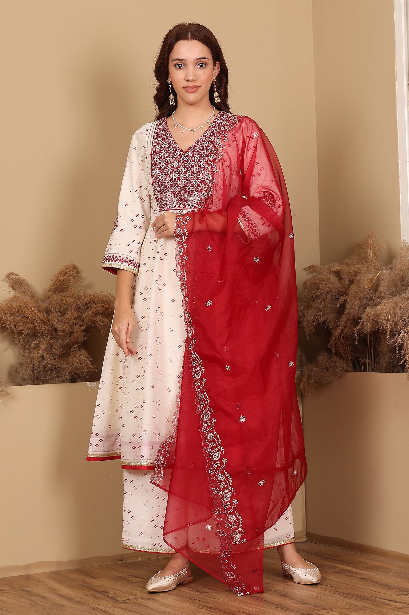 Whisper White Dot Printed Embroidered Chanderi Anarkali Kurta, Flared Pants And Dupatta Set