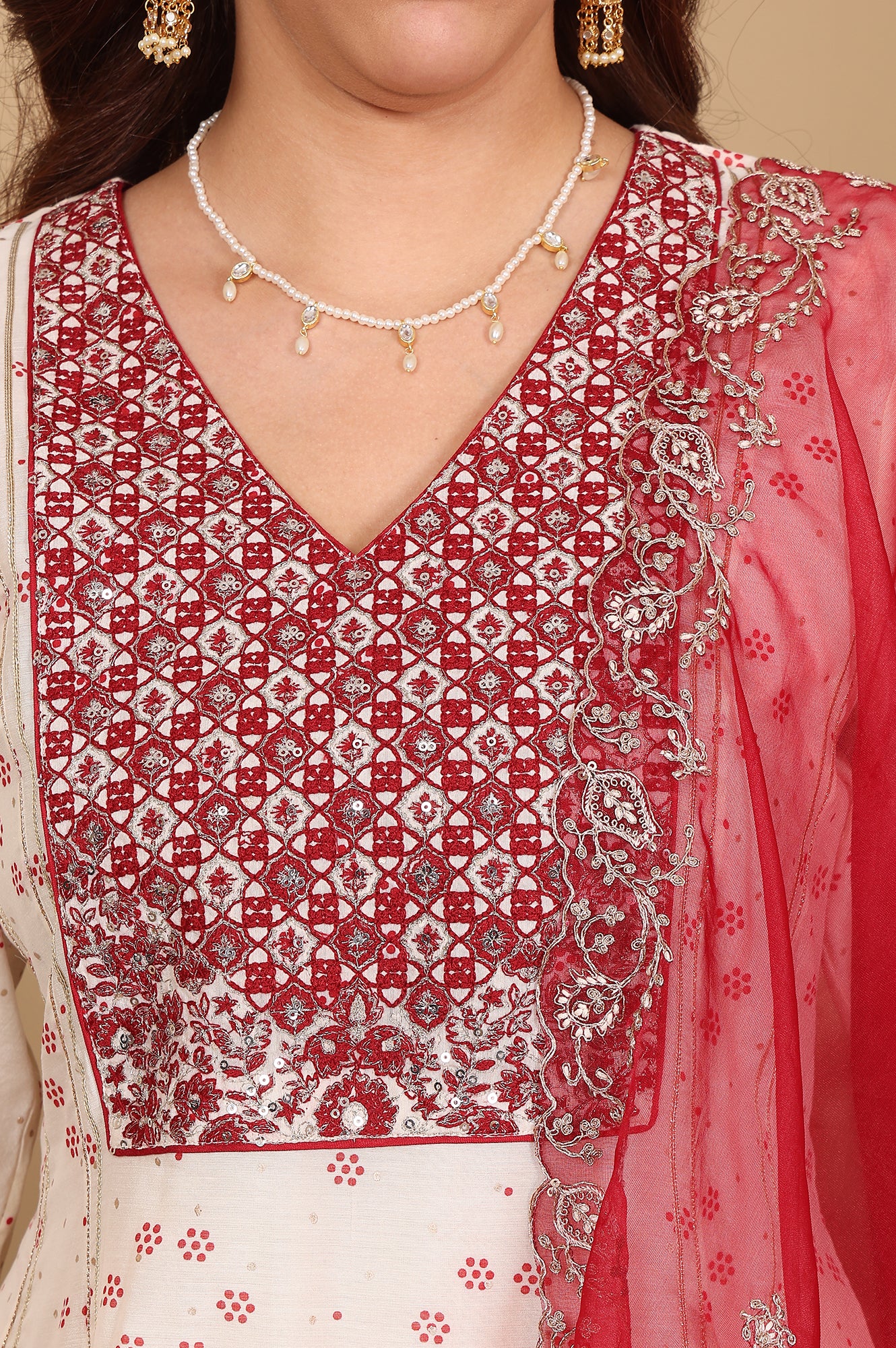 Whisper White Dot Printed Embroidered Chanderi Anarkali Kurta, Flared Pants And Dupatta Set