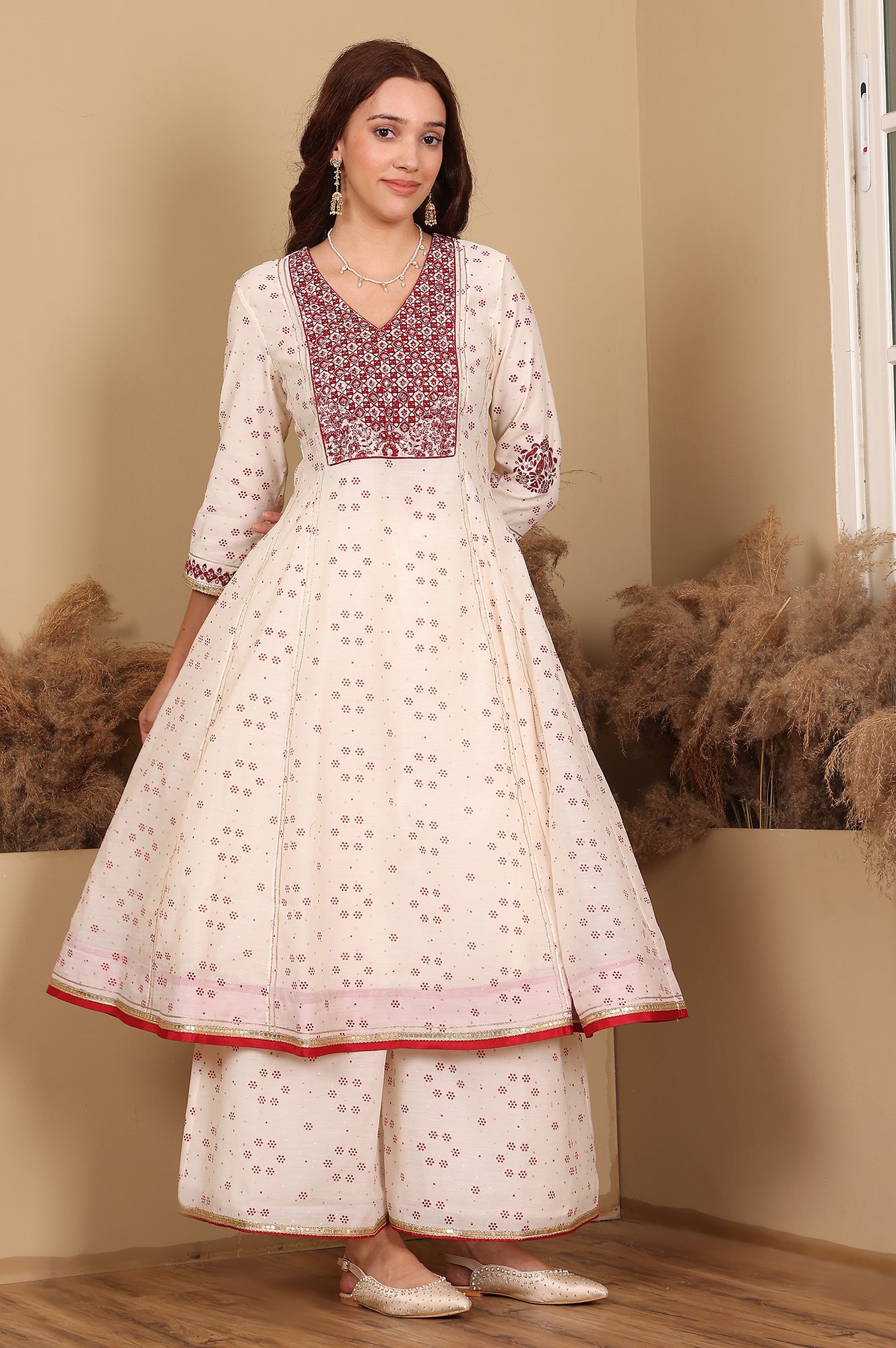Whisper White Dot Printed Embroidered Chanderi Anarkali Kurta, Flared Pants And Dupatta Set