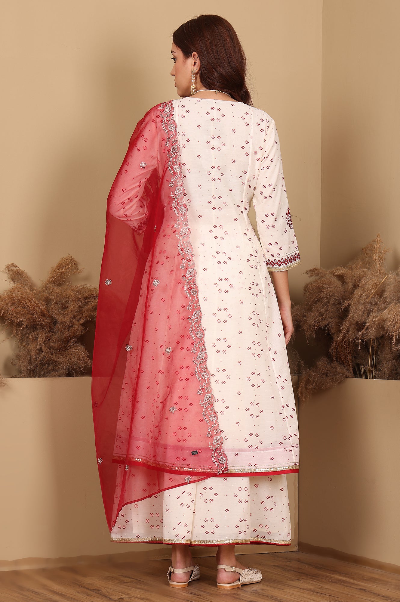 Whisper White Dot Printed Embroidered Chanderi Anarkali Kurta, Flared Pants And Dupatta Set