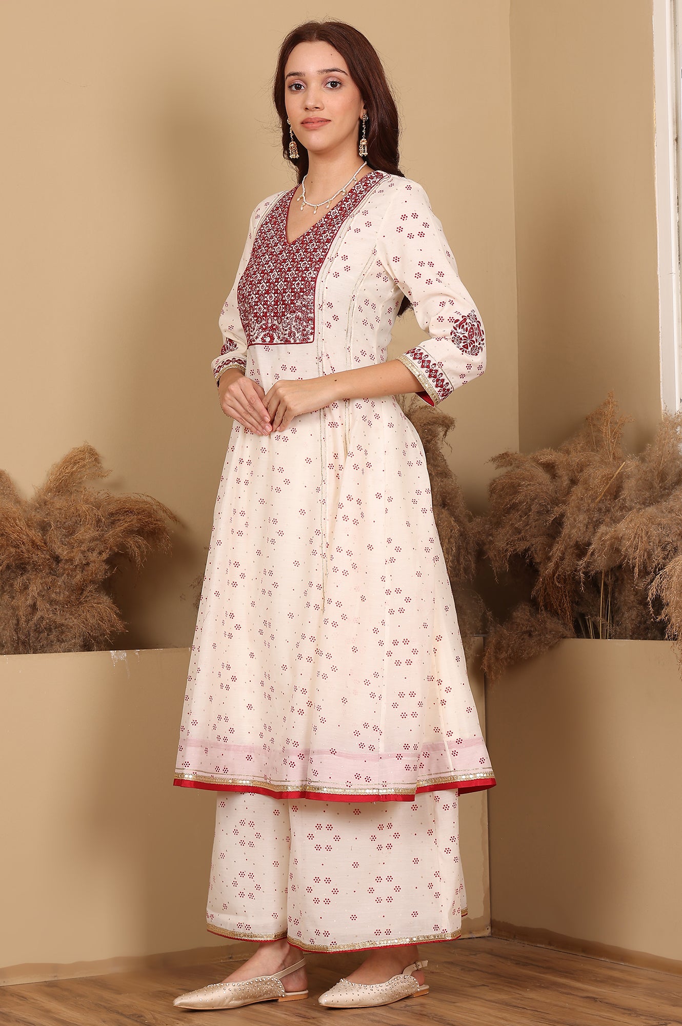 Whisper White Dot Printed Embroidered Chanderi Anarkali Kurta, Flared Pants And Dupatta Set