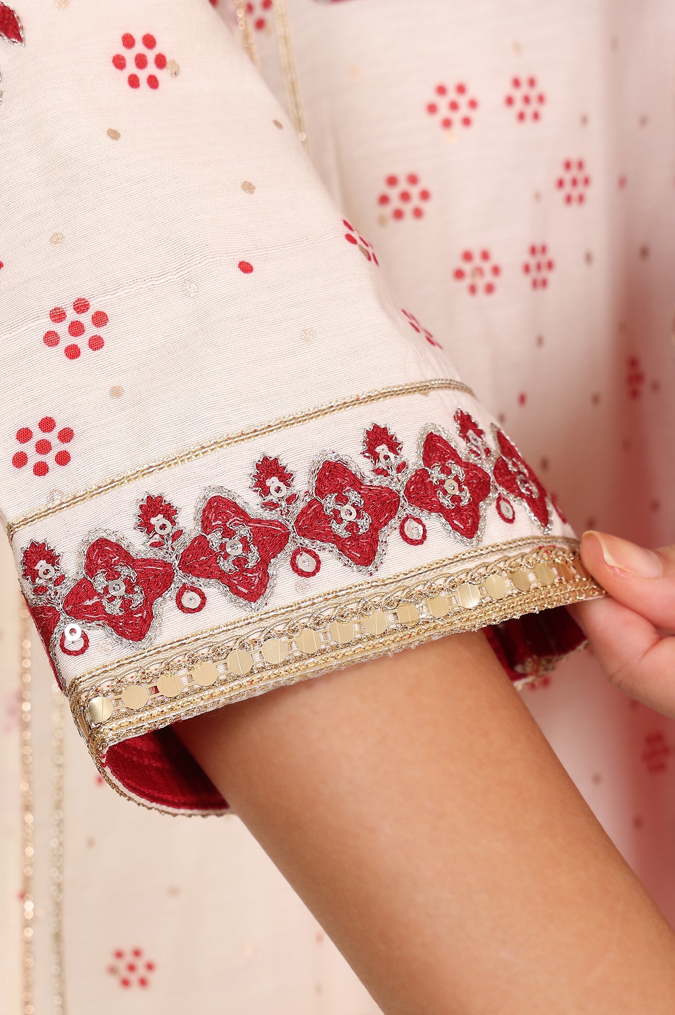 Whisper White Dot Printed Embroidered Chanderi Anarkali Kurta, Flared Pants And Dupatta Set