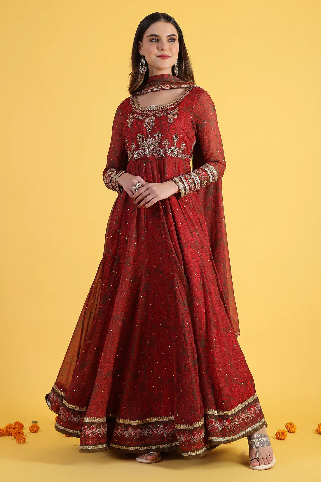 Order now Red Dori Embroidery Chiffon Anarkali Dresses Dupatta