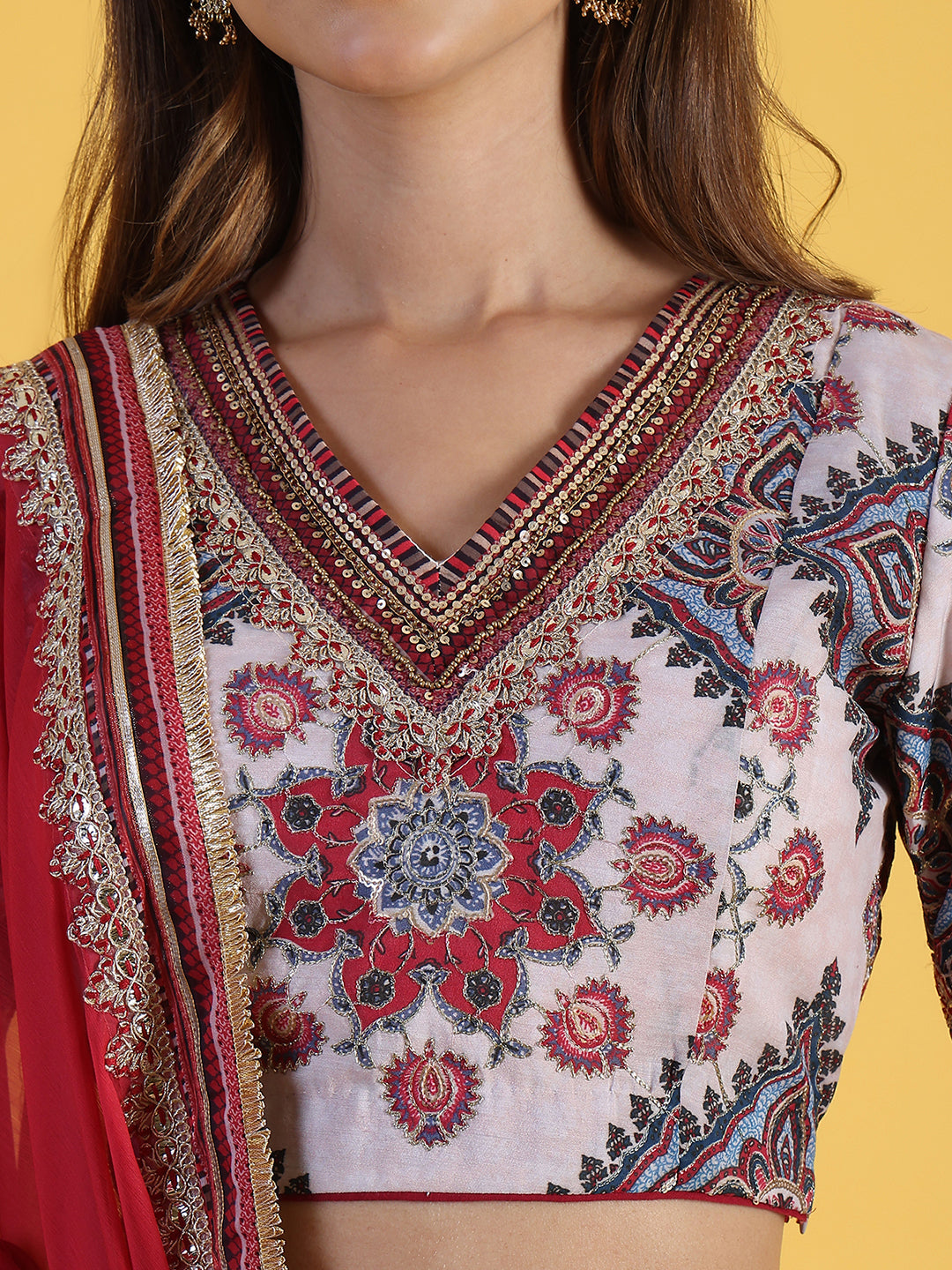 White Embroidered Beads Straight Top Skirt Dupatta