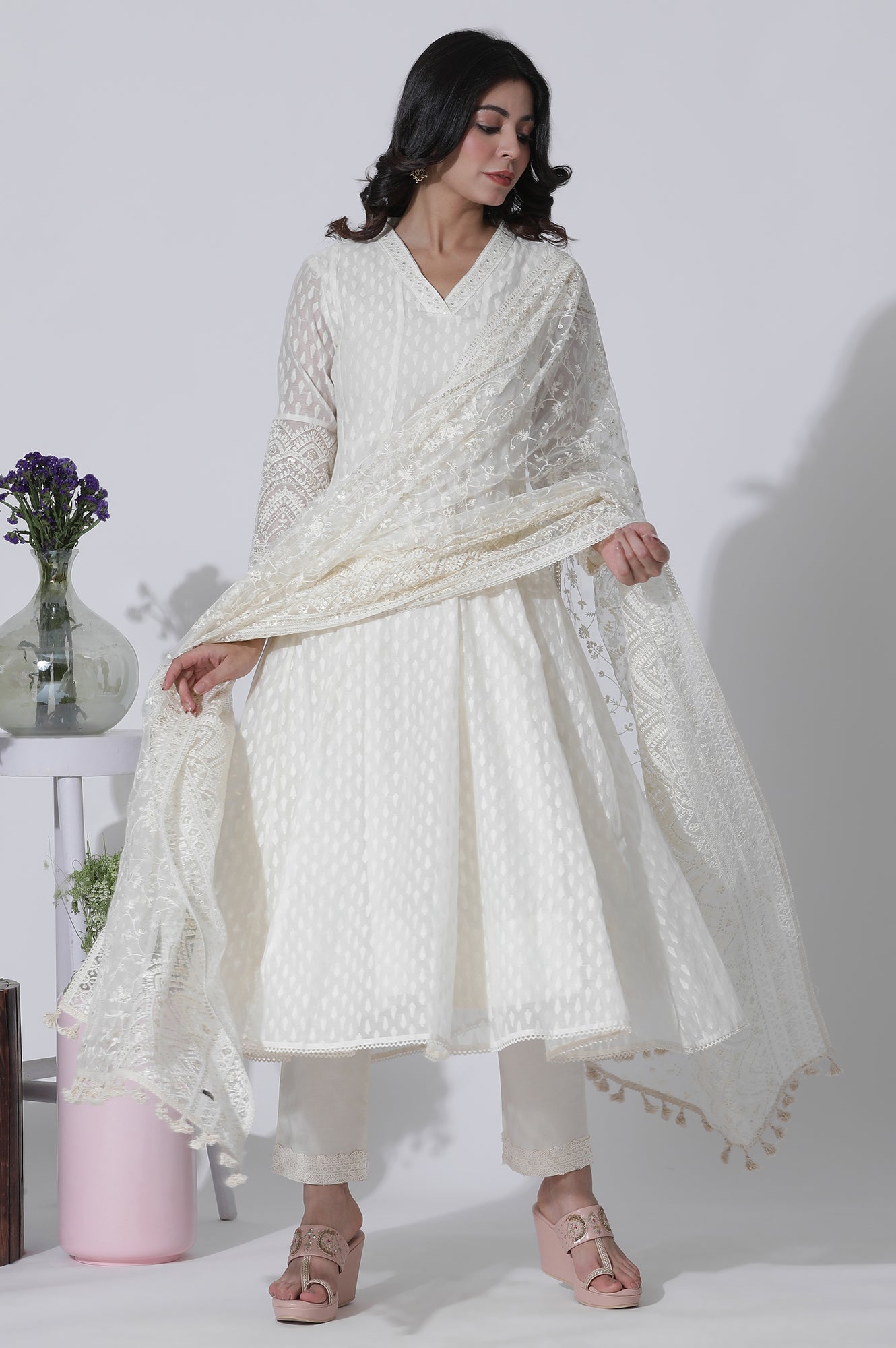 white anarkali cotton dress White Printed Mulmul Cotton Anarkali Set With Dupatta