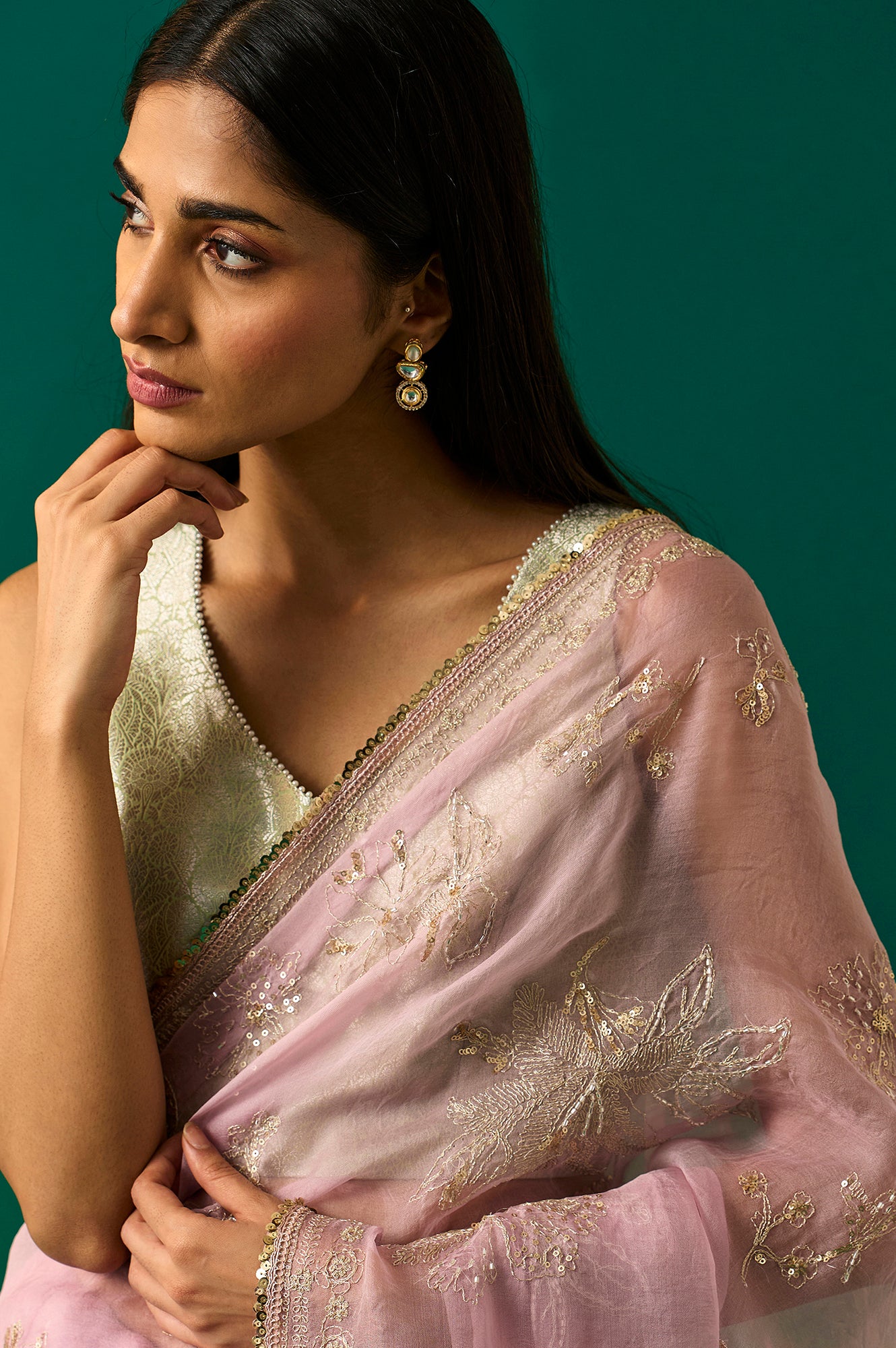 Pink Floral Printed Embroidered Silk Saree with Unstitched Blouse