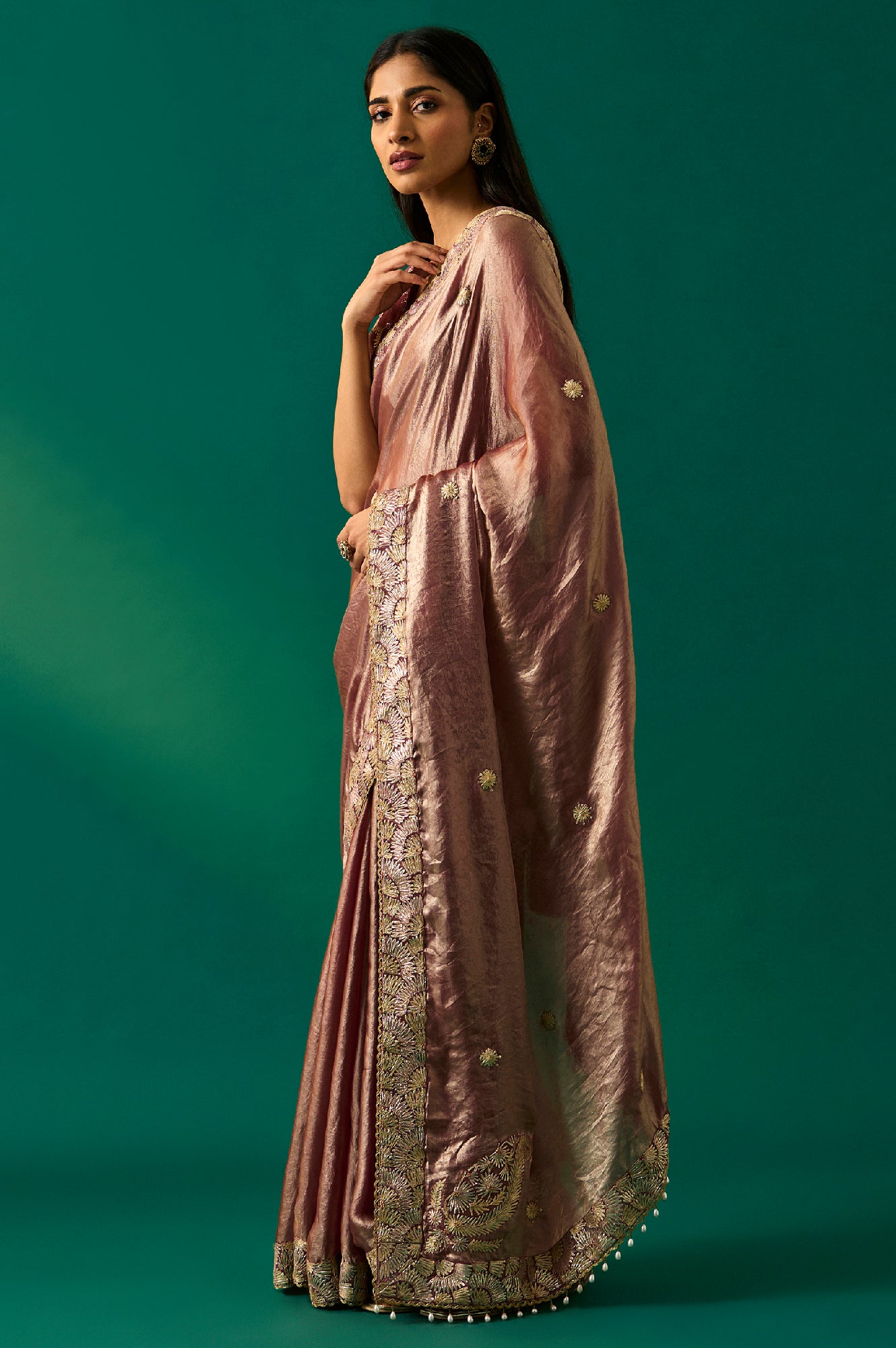 Pink Zari Embroidered Zari Work Banarasi Tissue Satin Saree with Unstitched Blouse