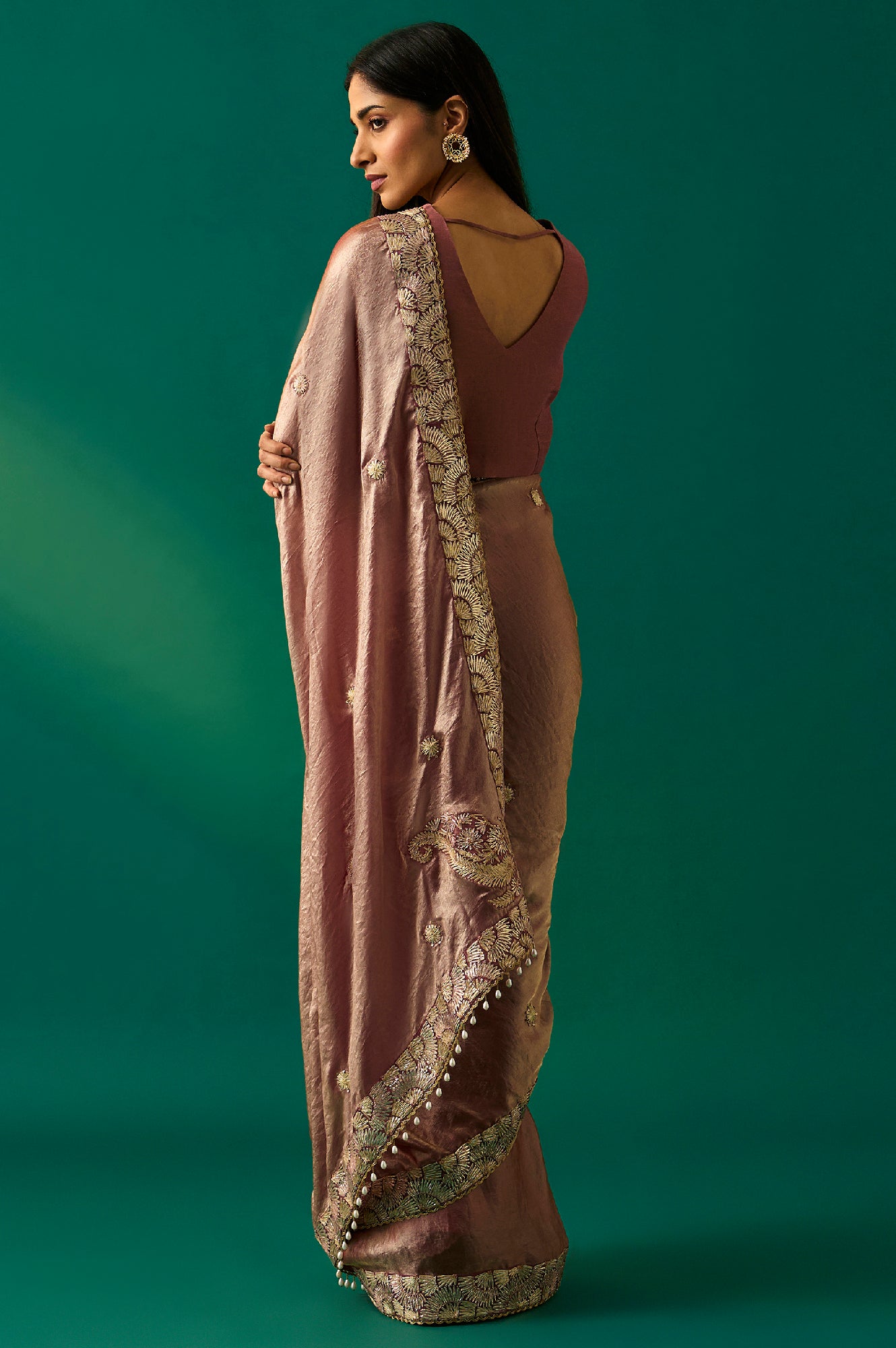 Pink Zari Embroidered Zari Work Banarasi Tissue Satin Saree with Unstitched Blouse