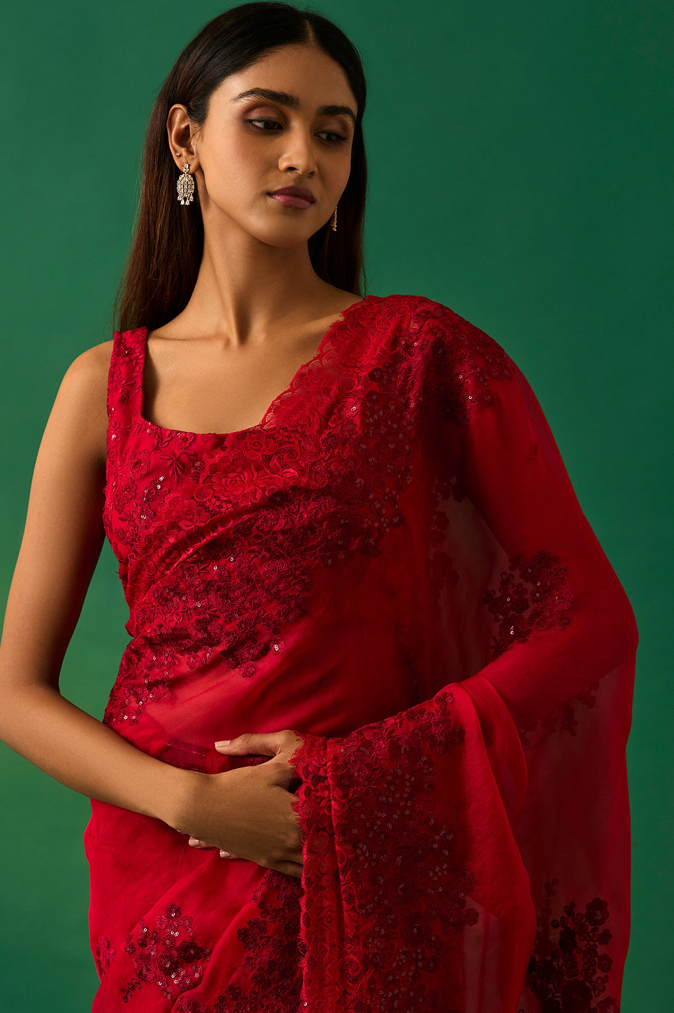 Red Floral Printed Embroidered Sequined Silk Saree with Unstitched Blouse
